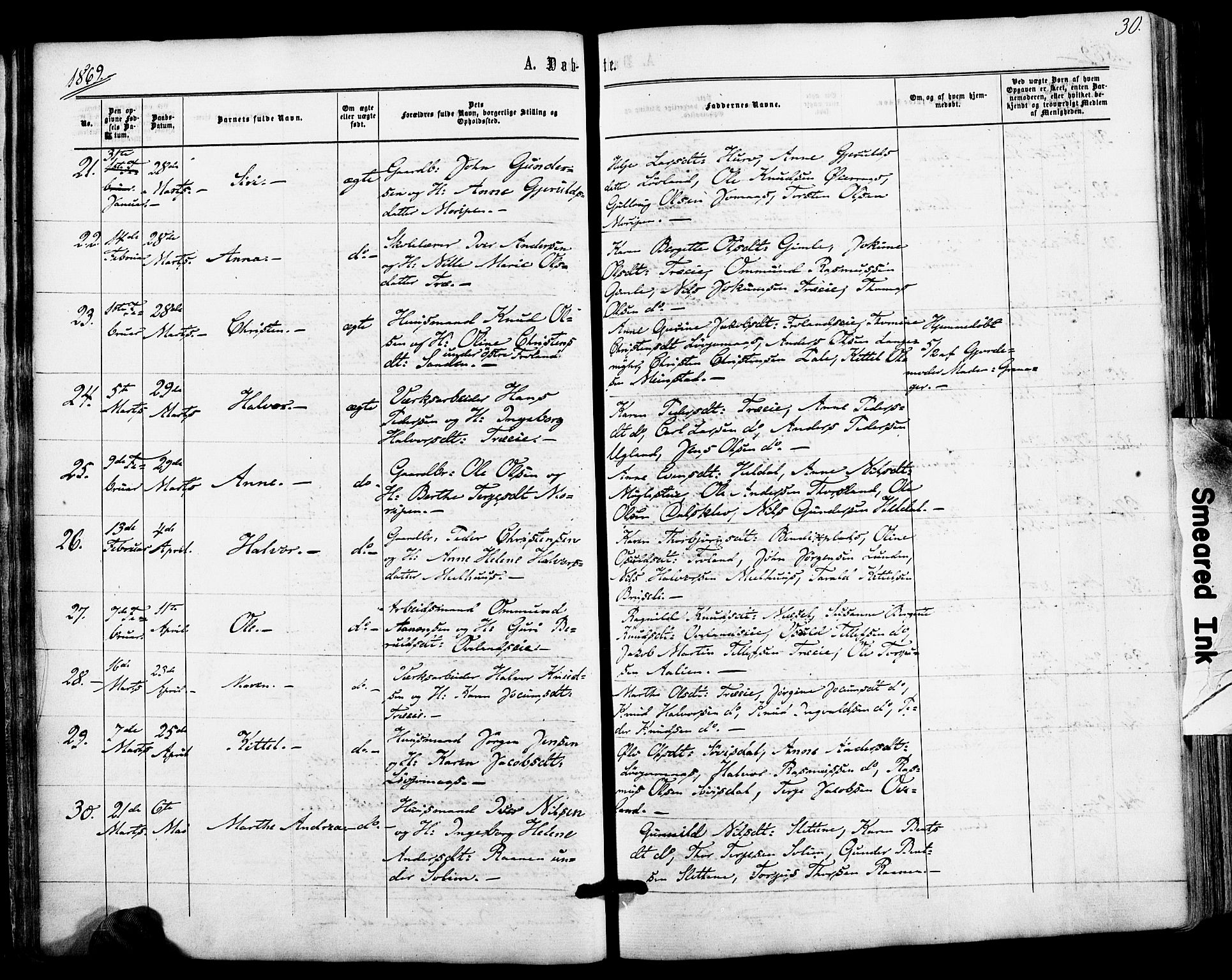 Froland sokneprestkontor, AV/SAK-1111-0013/F/Fa/L0003: Parish register (official) no. A 3, 1864-1881, p. 30