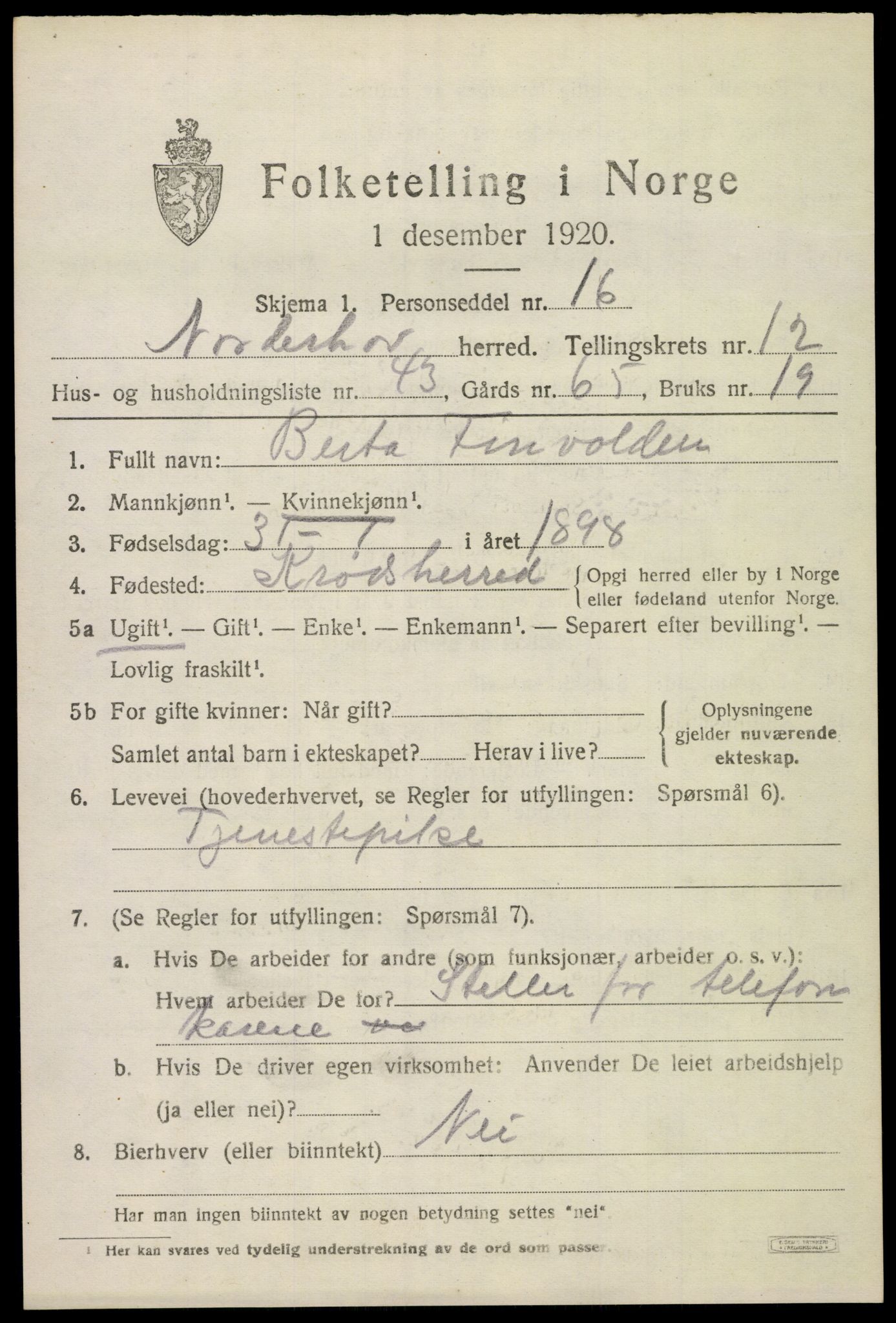 SAKO, 1920 census for Norderhov, 1920, p. 14224