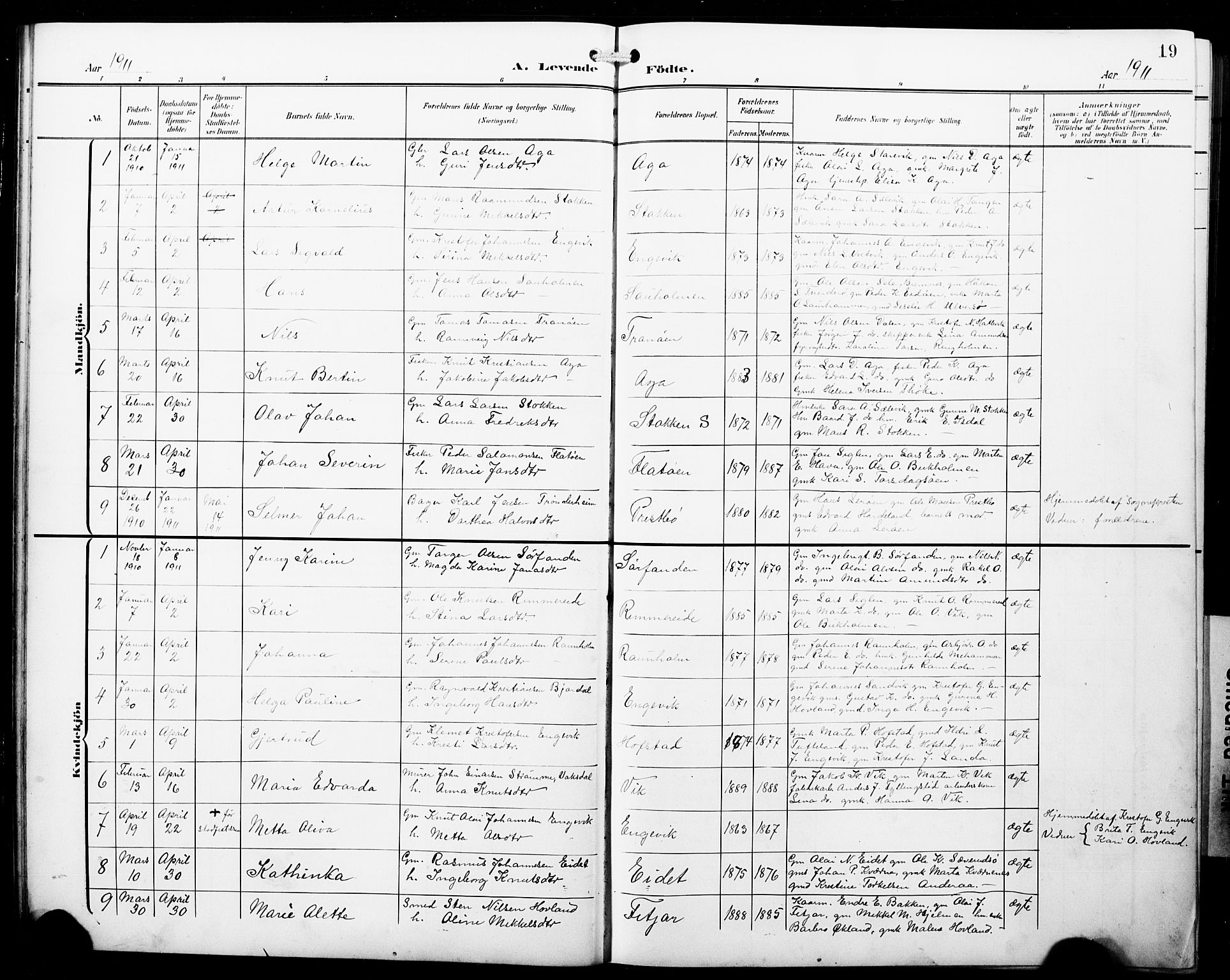 Fitjar sokneprestembete, SAB/A-99926: Parish register (copy) no. B 1, 1906-1928, p. 19