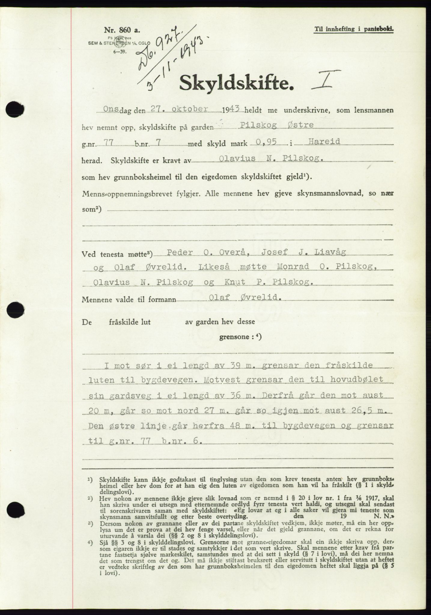 Søre Sunnmøre sorenskriveri, AV/SAT-A-4122/1/2/2C/L0075: Mortgage book no. 1A, 1943-1943, Diary no: : 927/1943