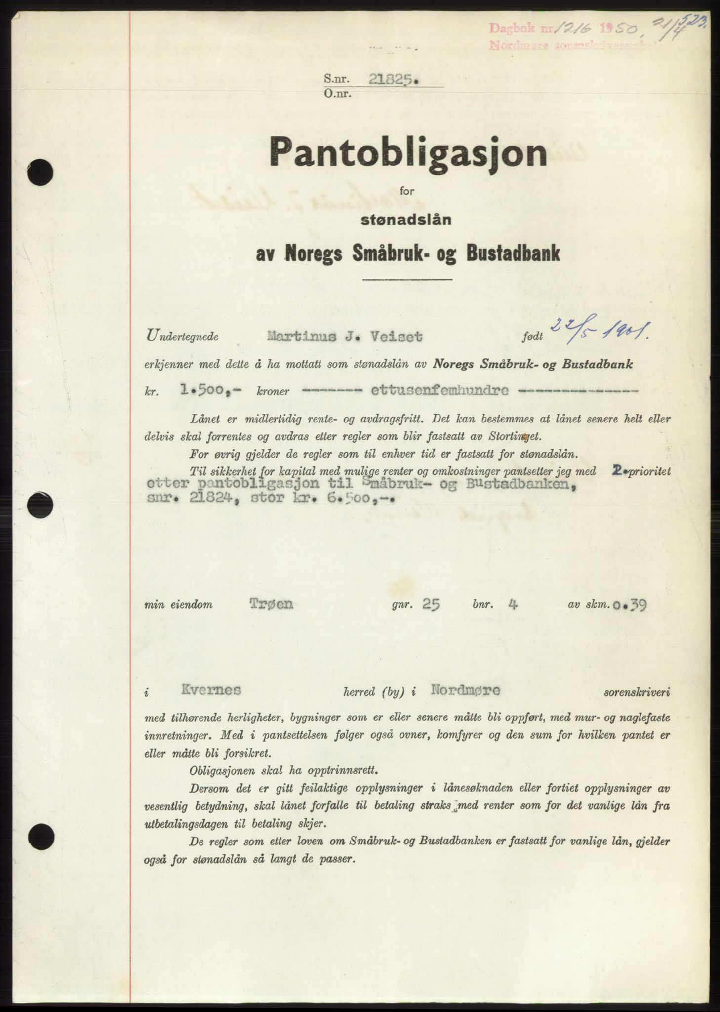 Nordmøre sorenskriveri, AV/SAT-A-4132/1/2/2Ca: Mortgage book no. B104, 1950-1950, Diary no: : 1216/1950