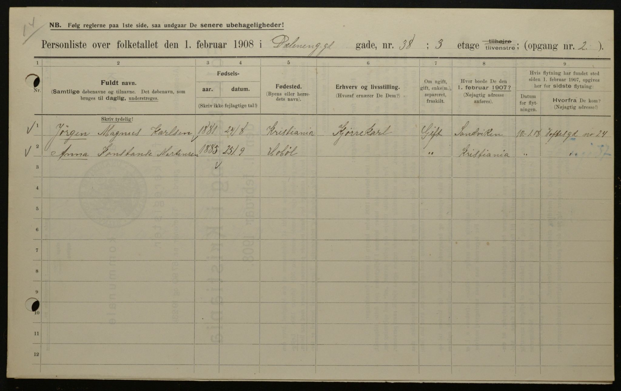 OBA, Municipal Census 1908 for Kristiania, 1908, p. 16513