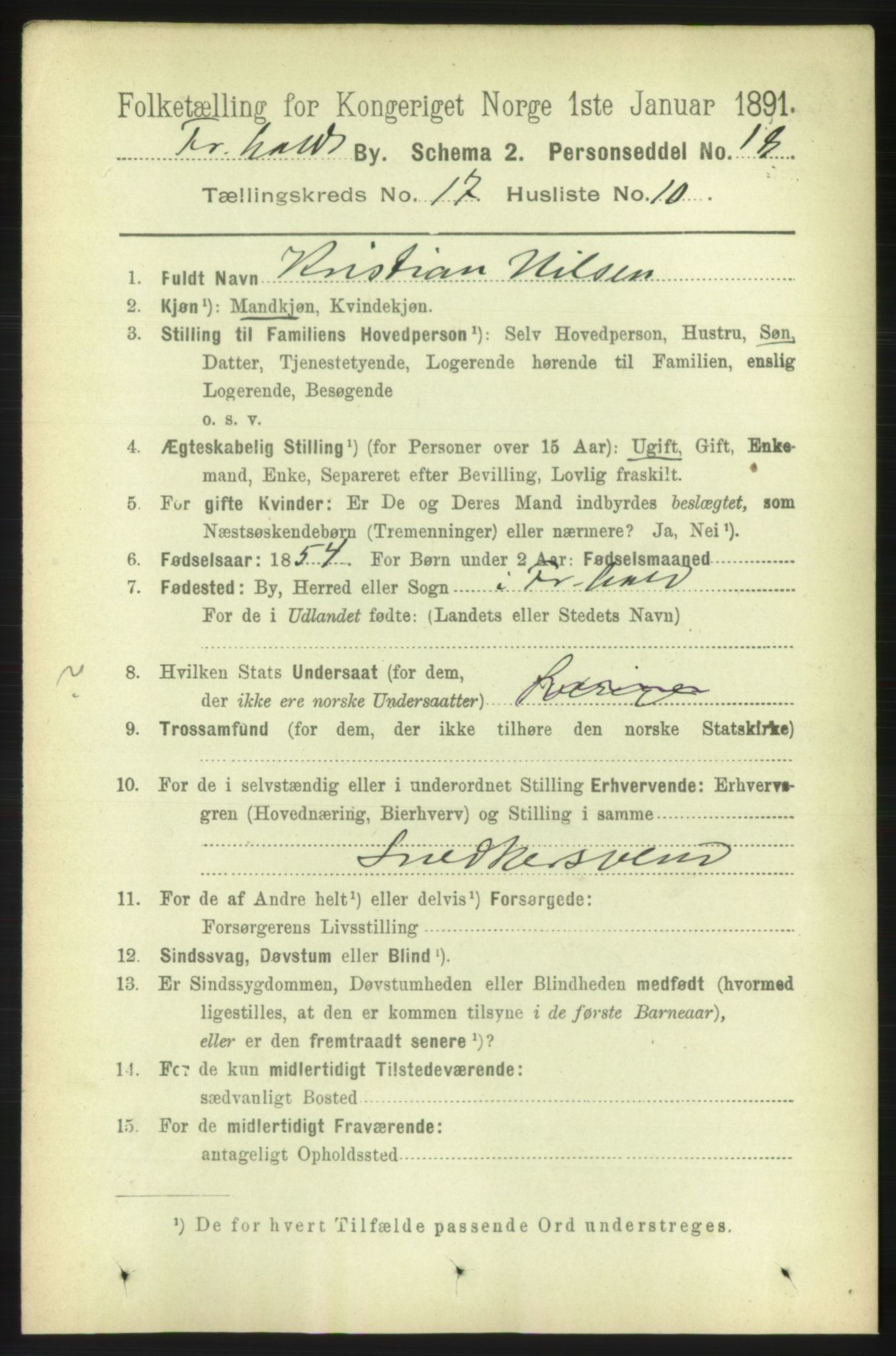 RA, 1891 census for 0101 Fredrikshald, 1891, p. 11013