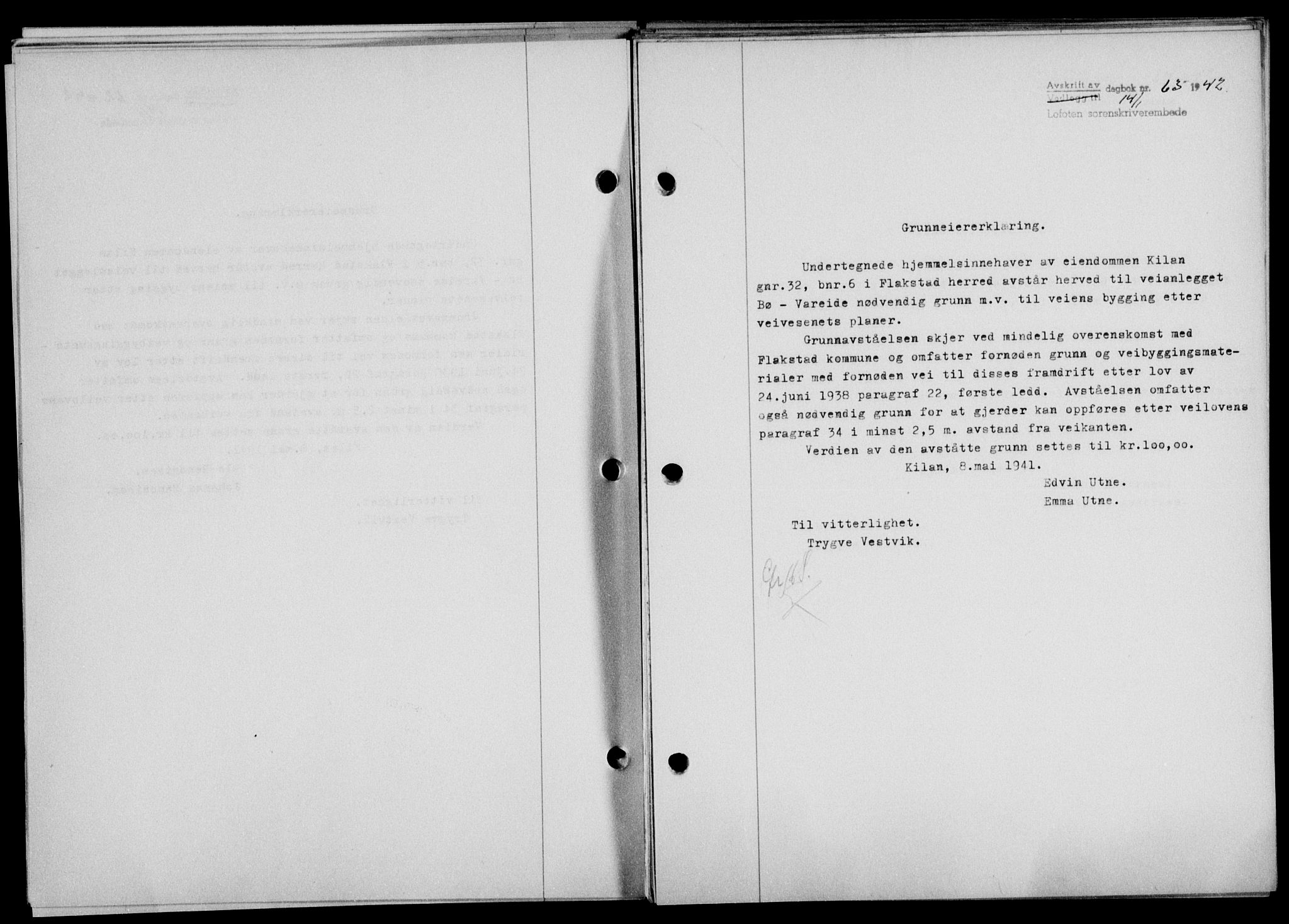 Lofoten sorenskriveri, SAT/A-0017/1/2/2C/L0009a: Mortgage book no. 9a, 1941-1942, Diary no: : 63/1942