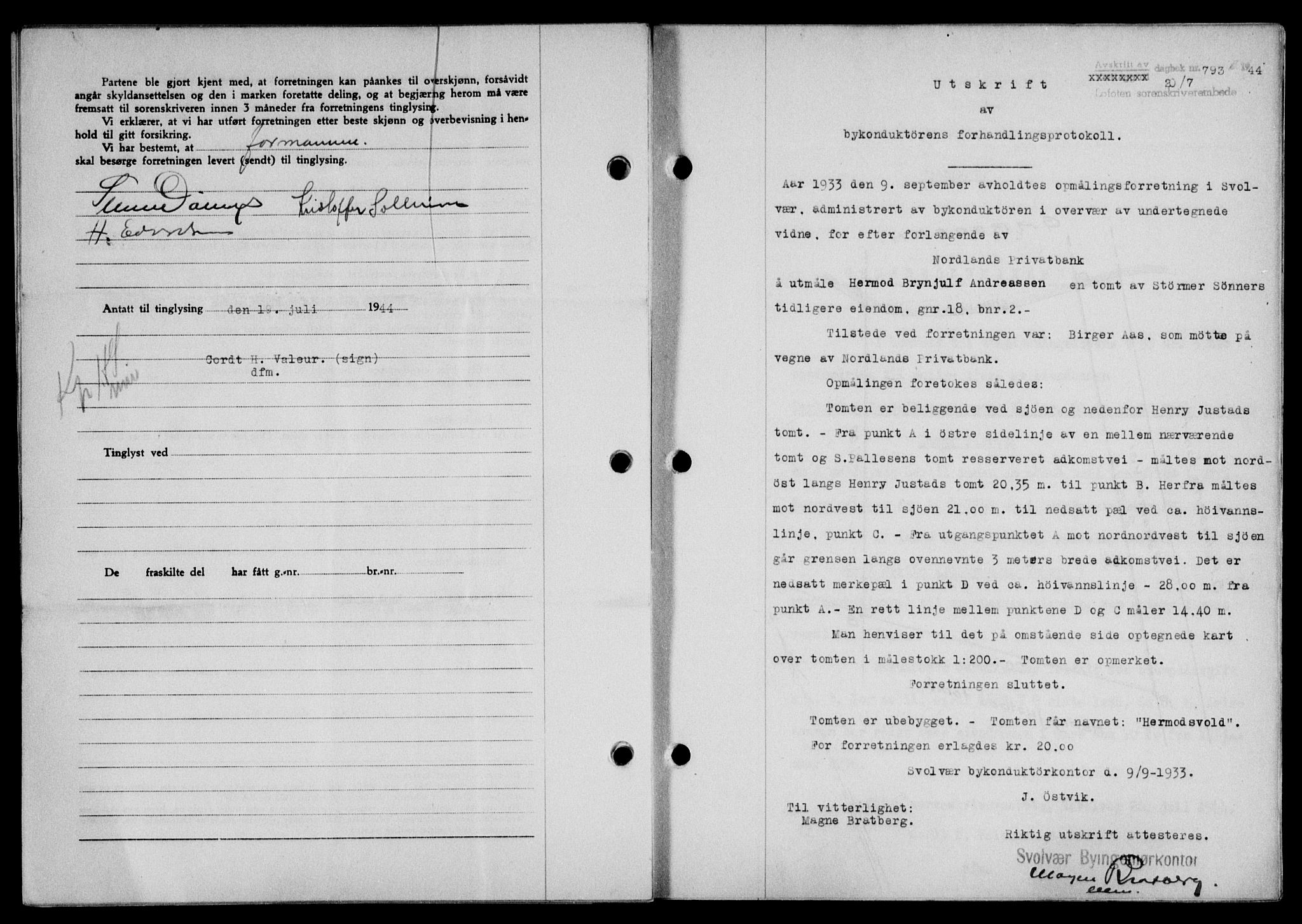 Lofoten sorenskriveri, SAT/A-0017/1/2/2C/L0012a: Mortgage book no. 12a, 1943-1944, Diary no: : 793/1944