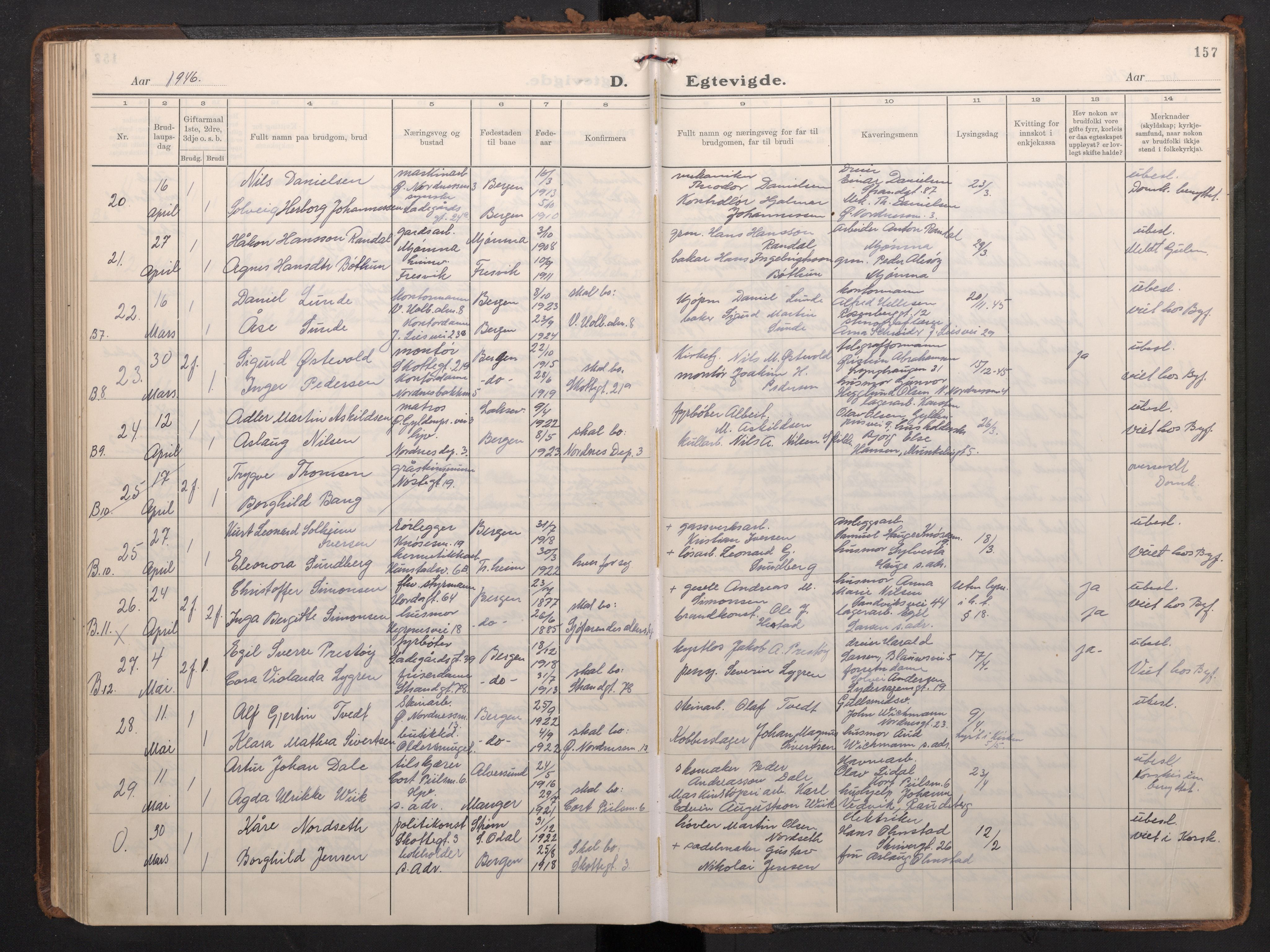 Nykirken Sokneprestembete, SAB/A-77101/H/Haa/L0039: Parish register (official) no. D 9, 1935-1946, p. 156b-157a