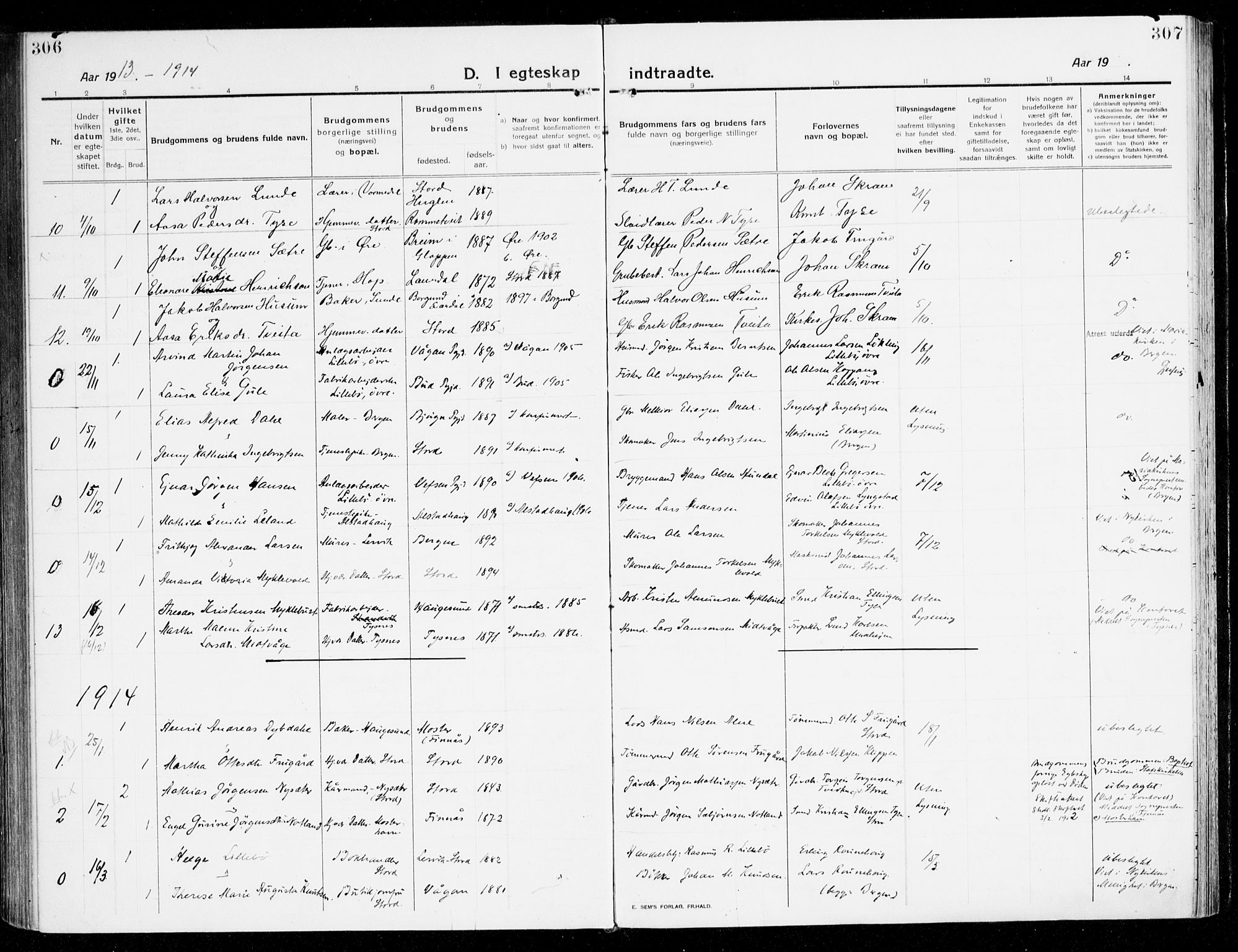 Stord sokneprestembete, SAB/A-78201/H/Haa: Parish register (official) no. B 3, 1913-1925, p. 306-307