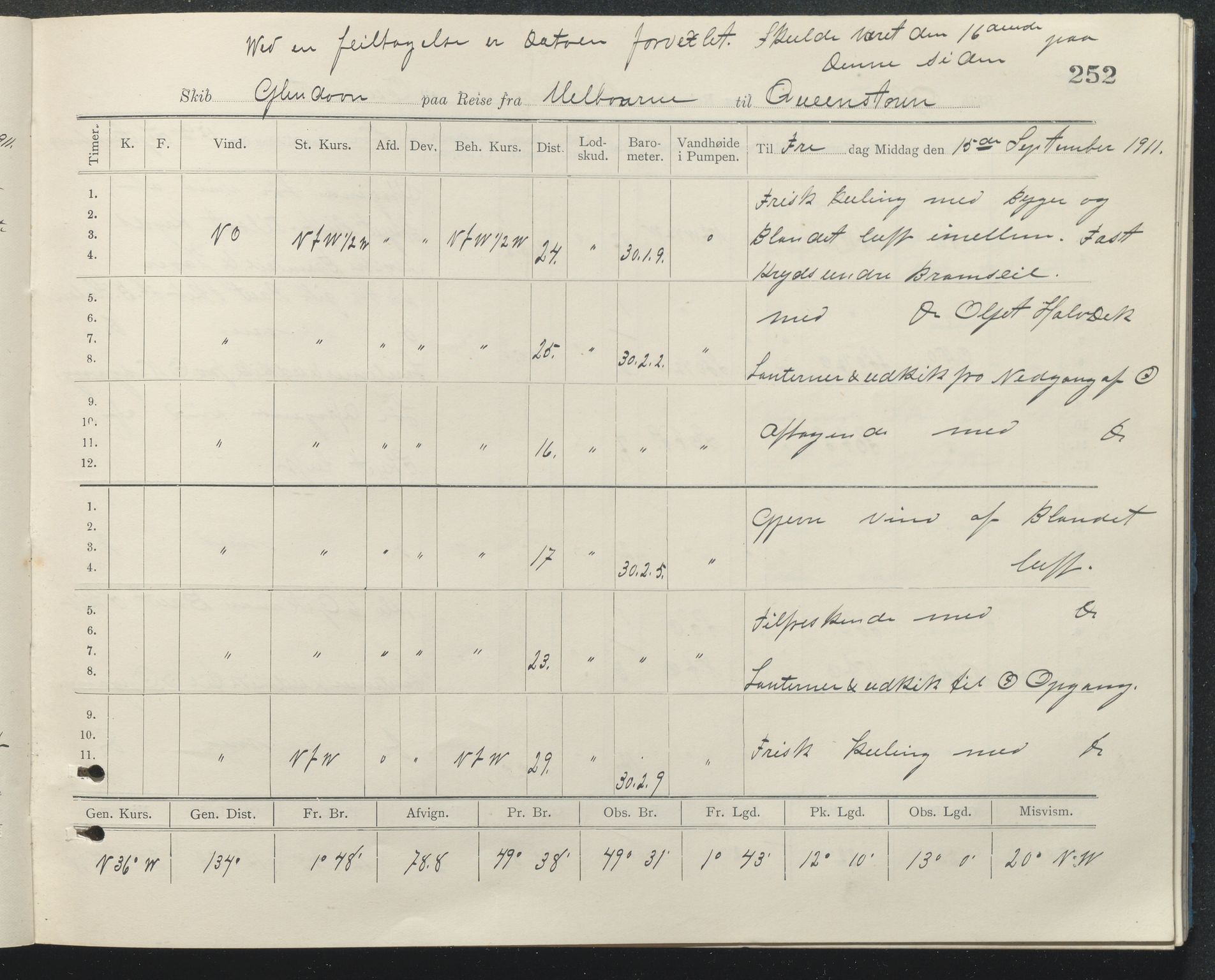 , PA-1348 Mathiesen, Erik Martinius; logbok Glendoon 1910-1911, 1910-1911, p. 252