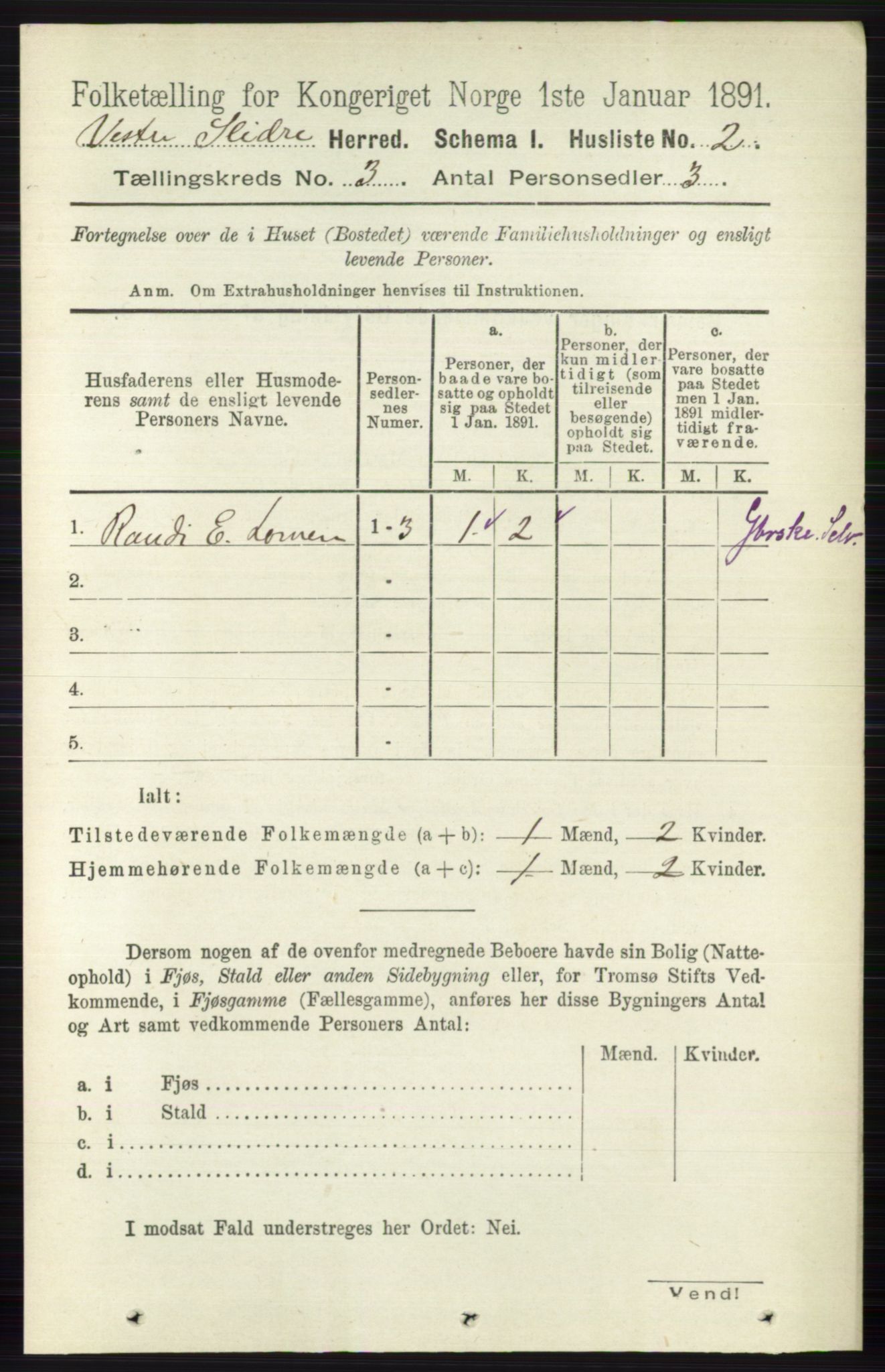 RA, 1891 census for 0543 Vestre Slidre, 1891, p. 765