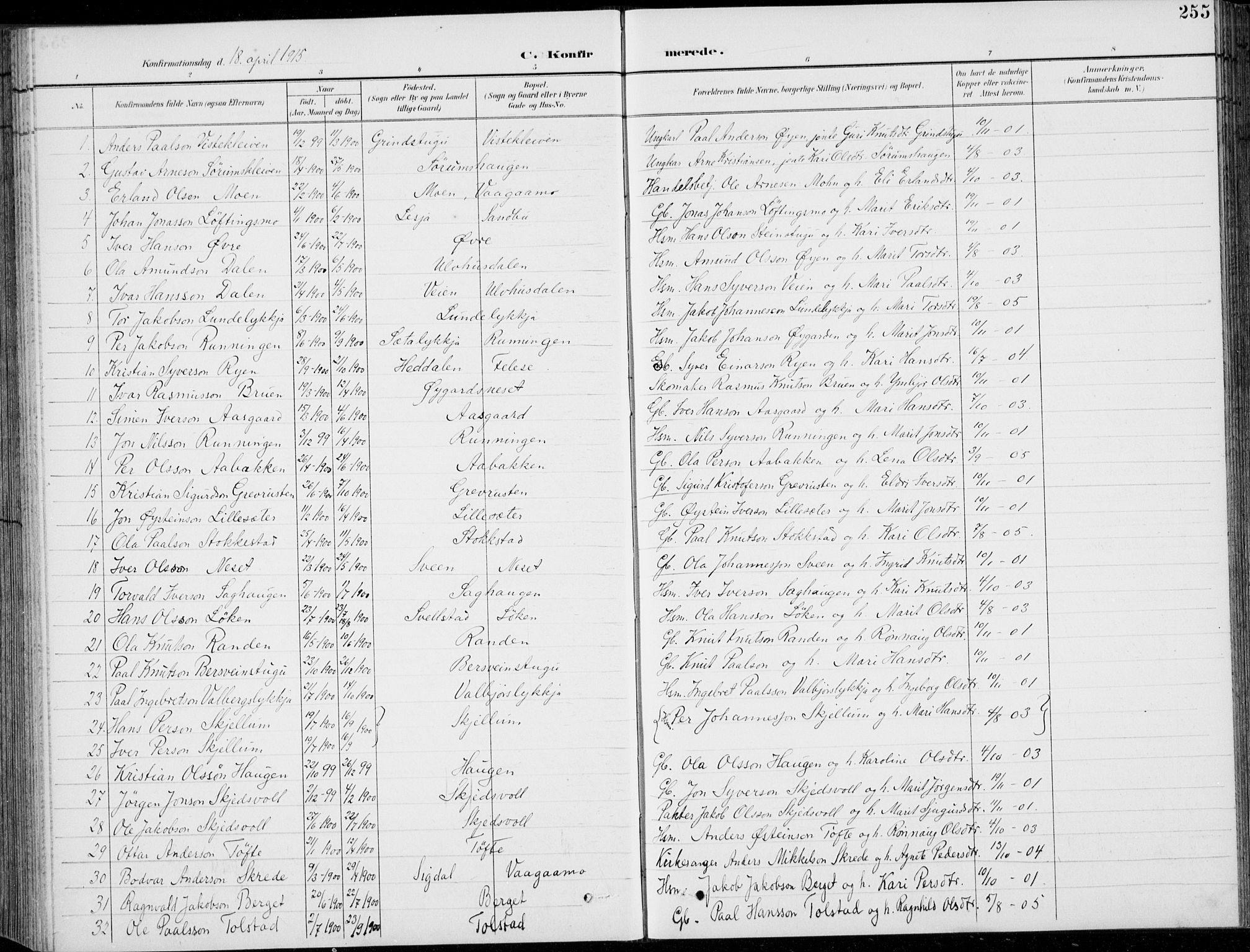 Vågå prestekontor, SAH/PREST-076/H/Ha/Hab/L0002: Parish register (copy) no. 2, 1894-1939, p. 255
