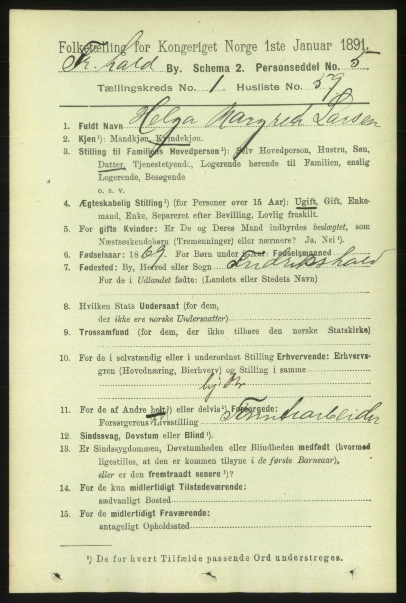 RA, 1891 census for 0101 Fredrikshald, 1891, p. 2490