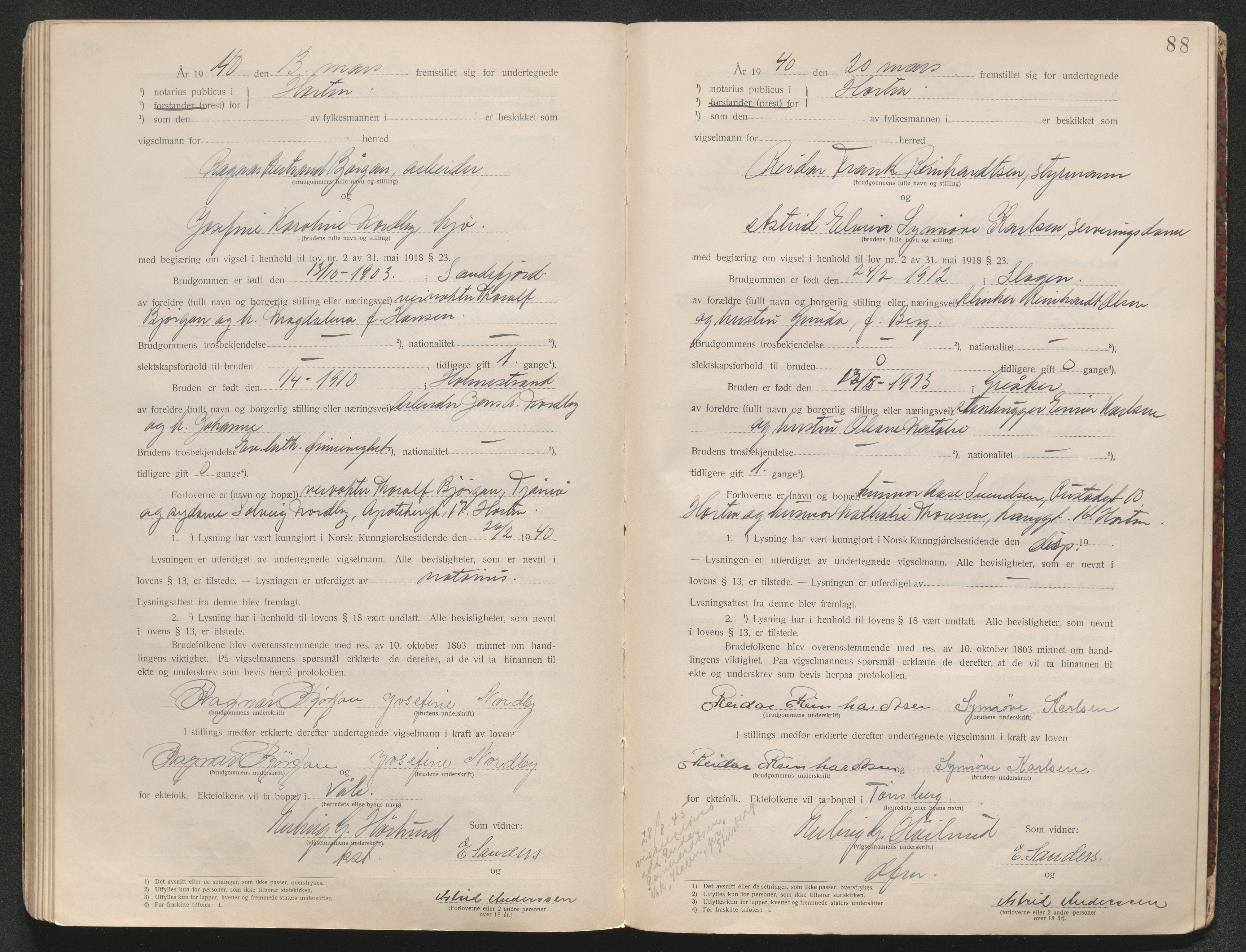 Horten sorenskriveri, AV/SAKO-A-133/L/Lc/L0001: Vigselsbok, 1920-1941, p. 90