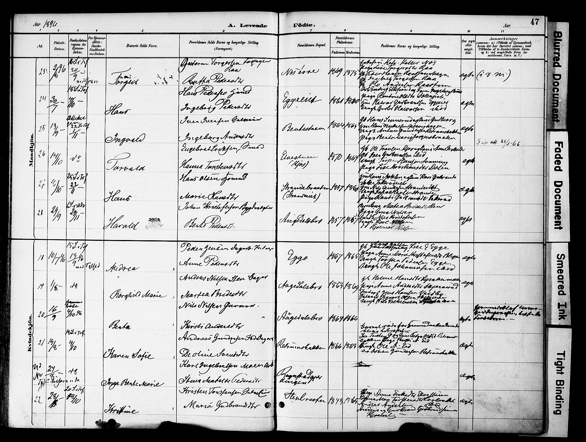 Gran prestekontor, SAH/PREST-112/H/Ha/Haa/L0020: Parish register (official) no. 20, 1889-1899, p. 47