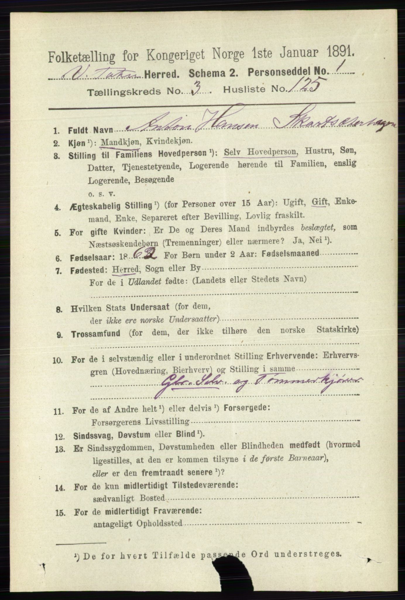 RA, 1891 census for 0529 Vestre Toten, 1891, p. 2629