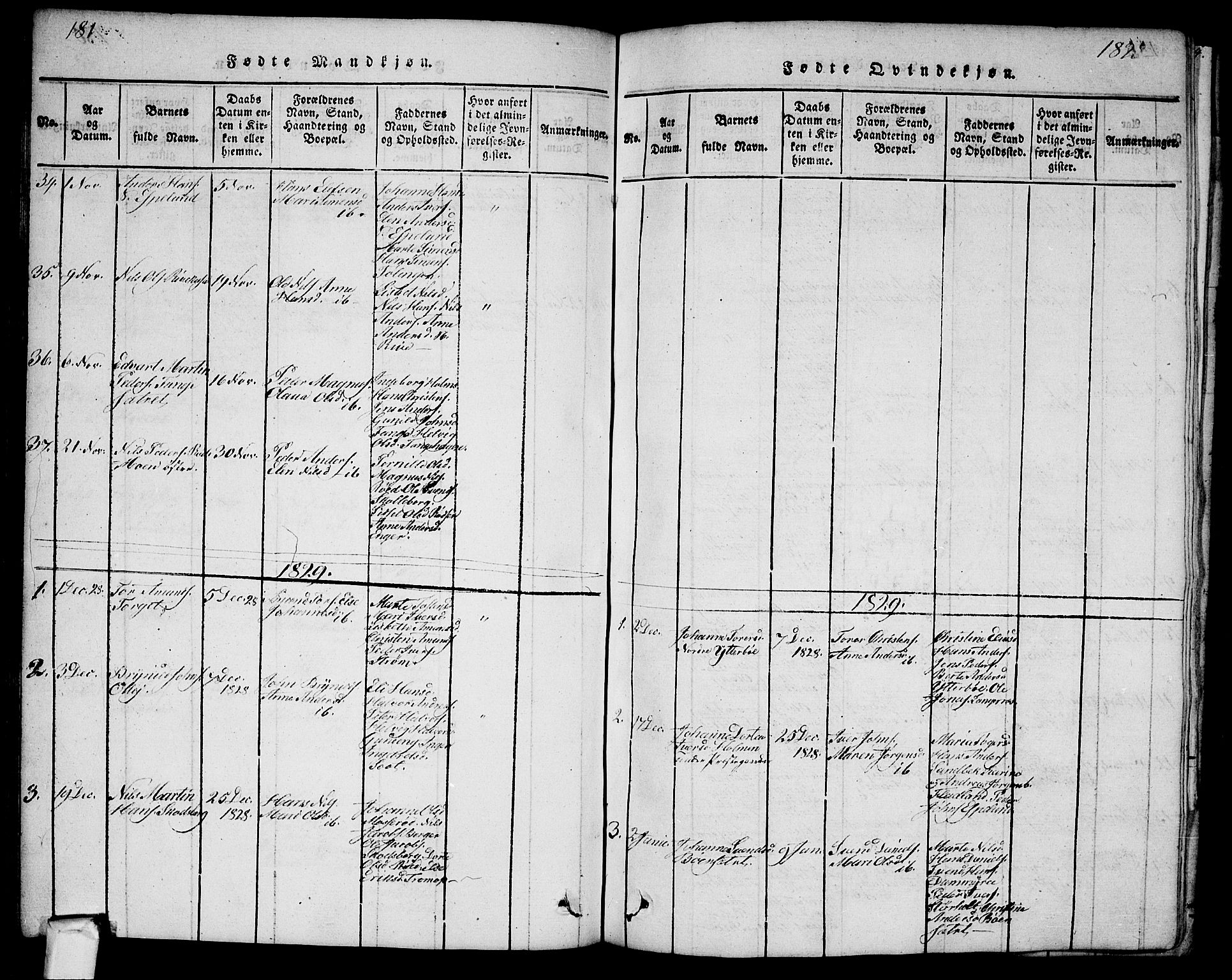 Aremark prestekontor Kirkebøker, AV/SAO-A-10899/G/Ga/L0001: Parish register (copy) no.  I 1, 1814-1834, p. 181-182