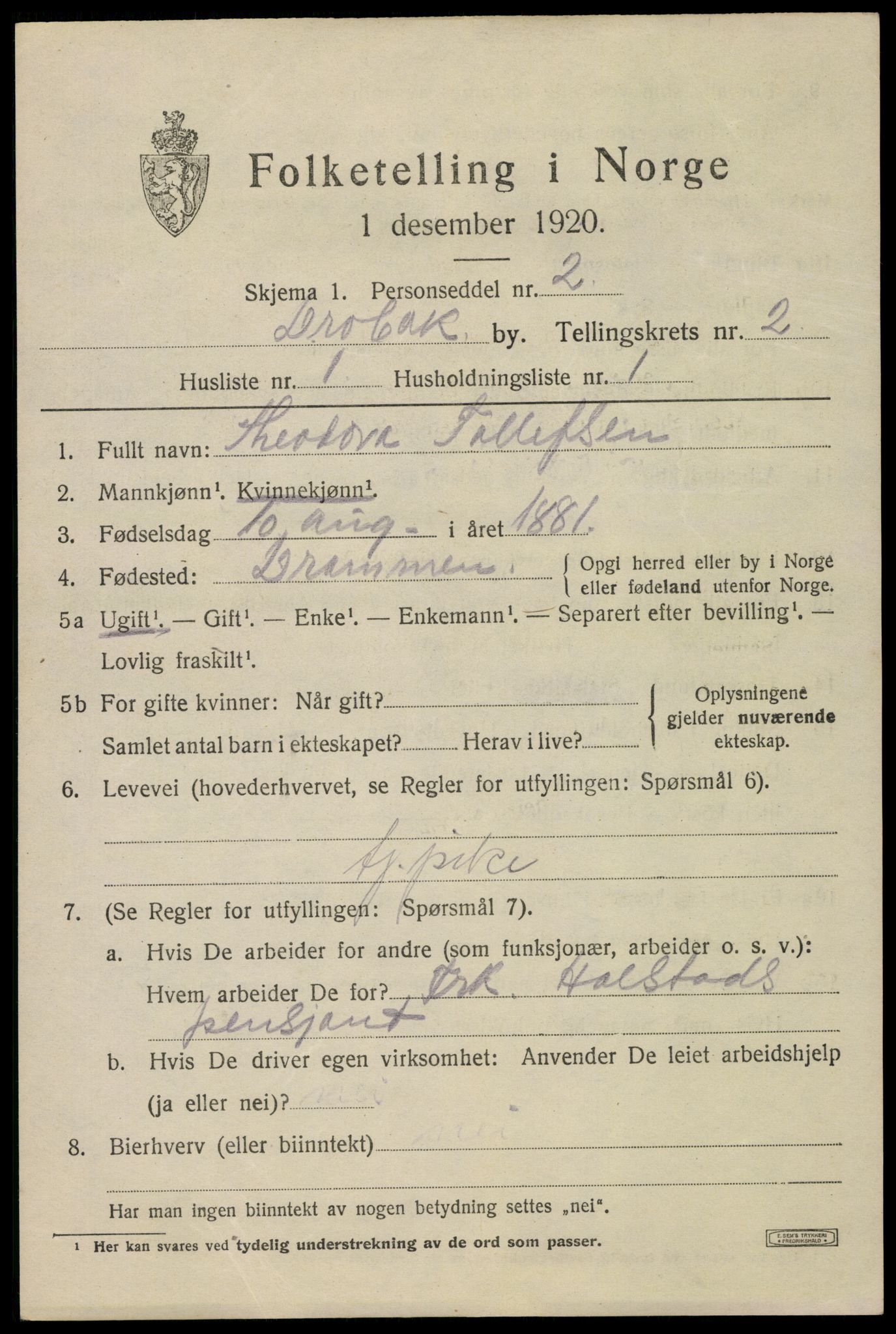 SAO, 1920 census for Drøbak, 1920, p. 2691