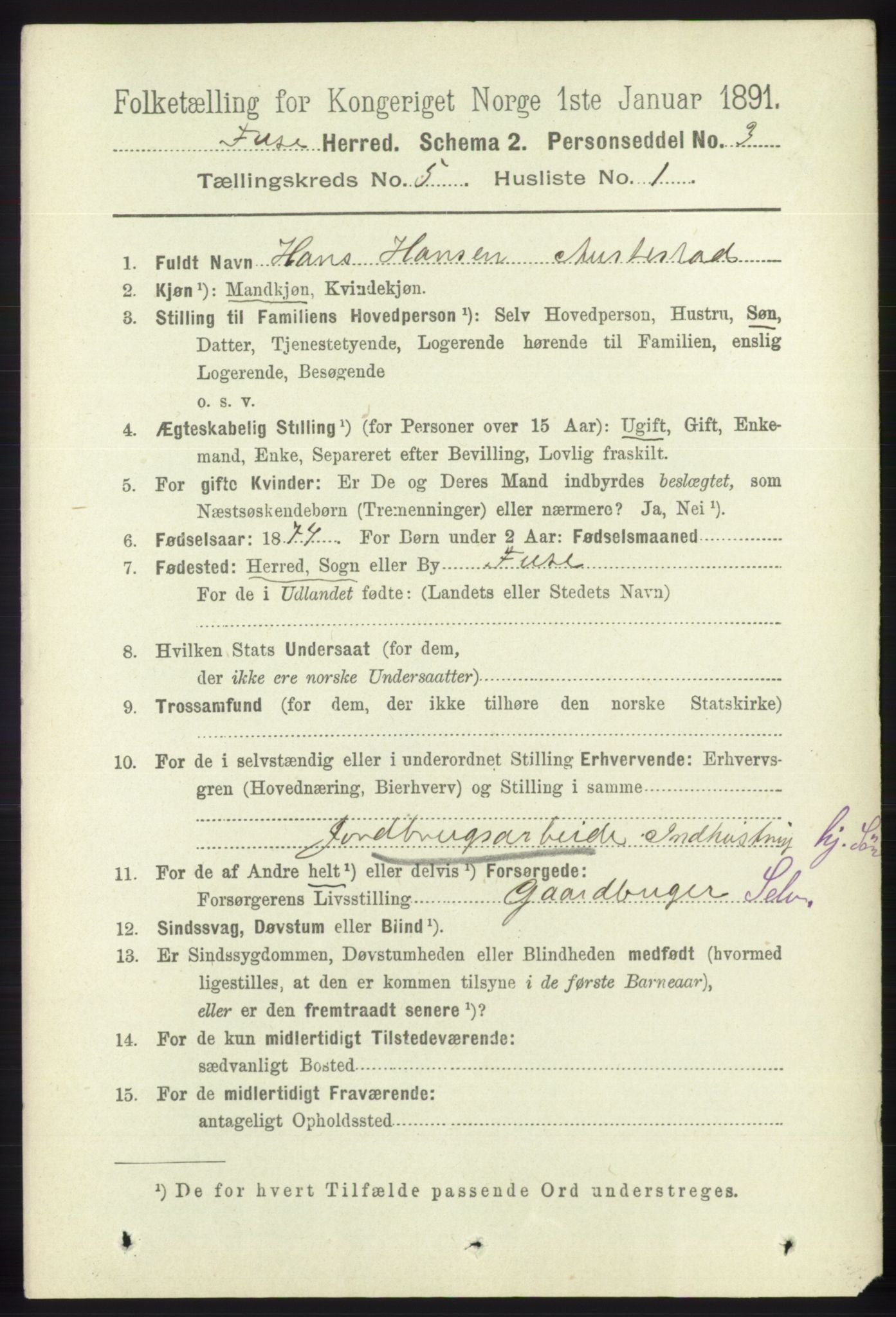 RA, 1891 census for 1241 Fusa, 1891, p. 888