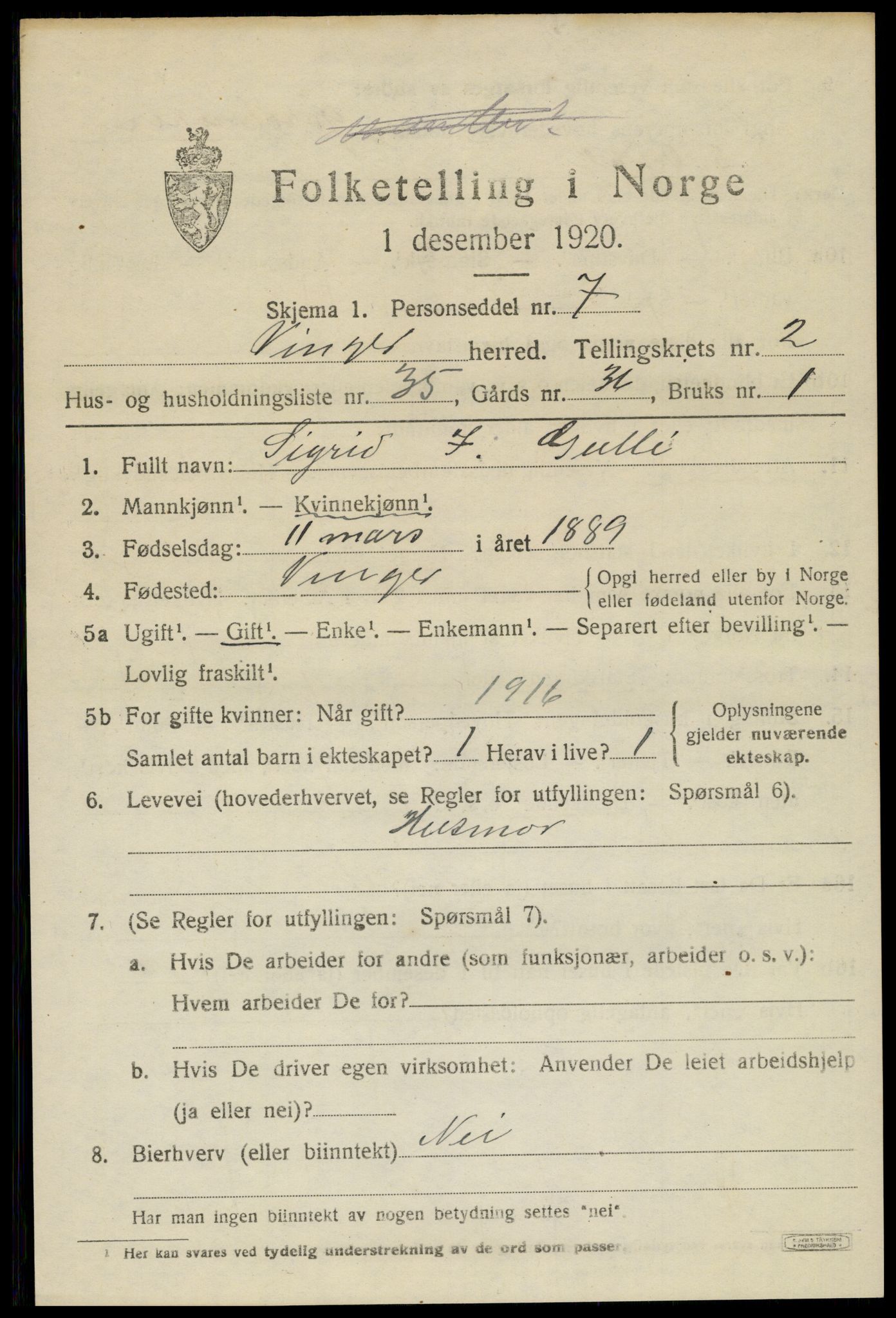 SAH, 1920 census for Vinger, 1920, p. 4394