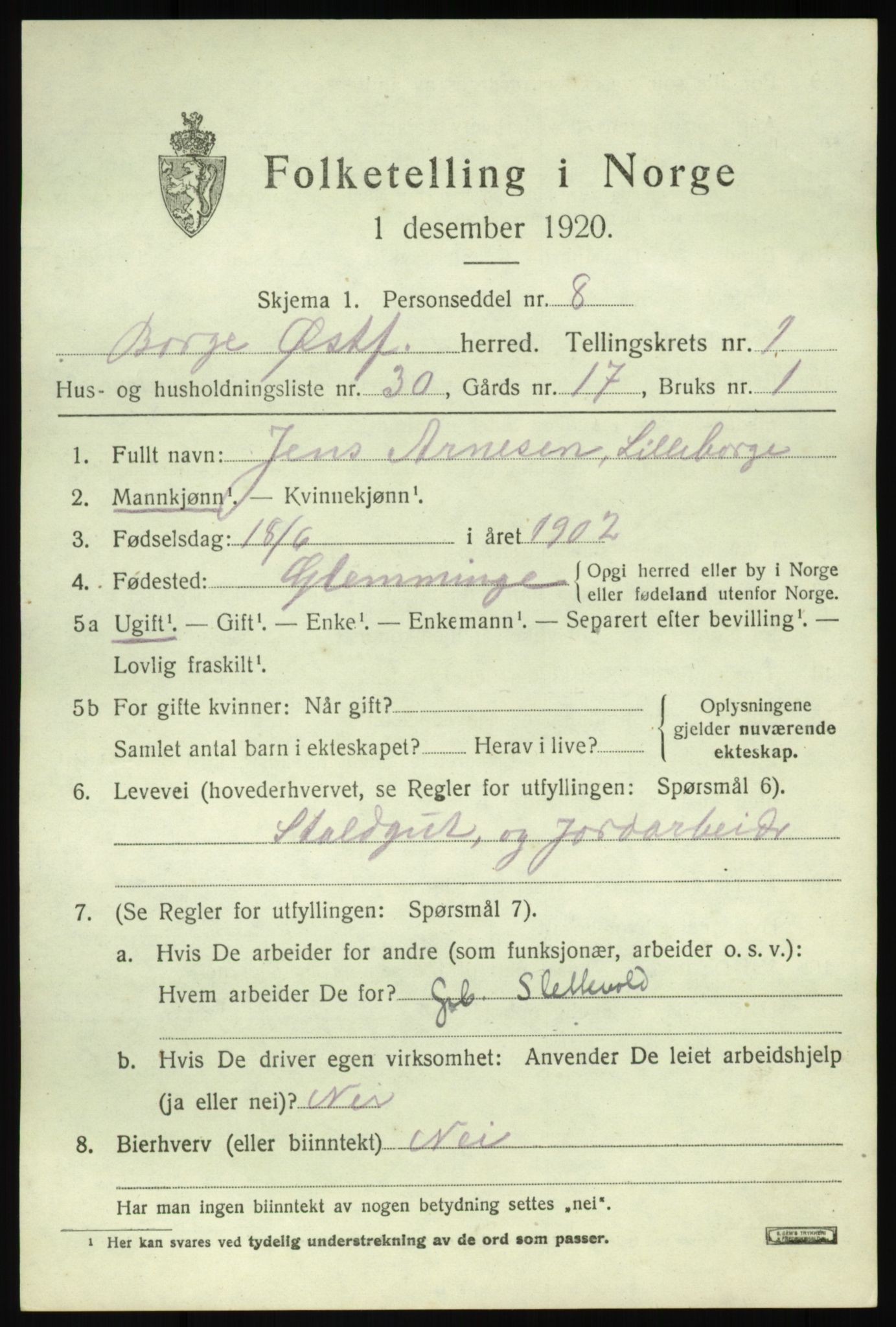 SAO, 1920 census for Borge, 1920, p. 2233