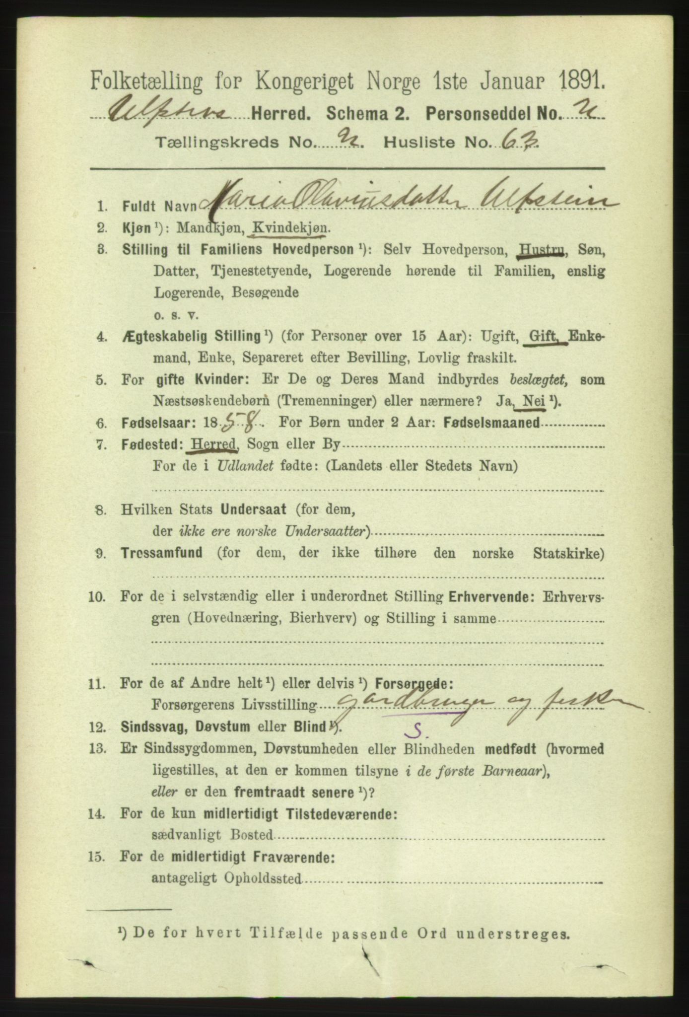 RA, 1891 census for 1516 Ulstein, 1891, p. 720