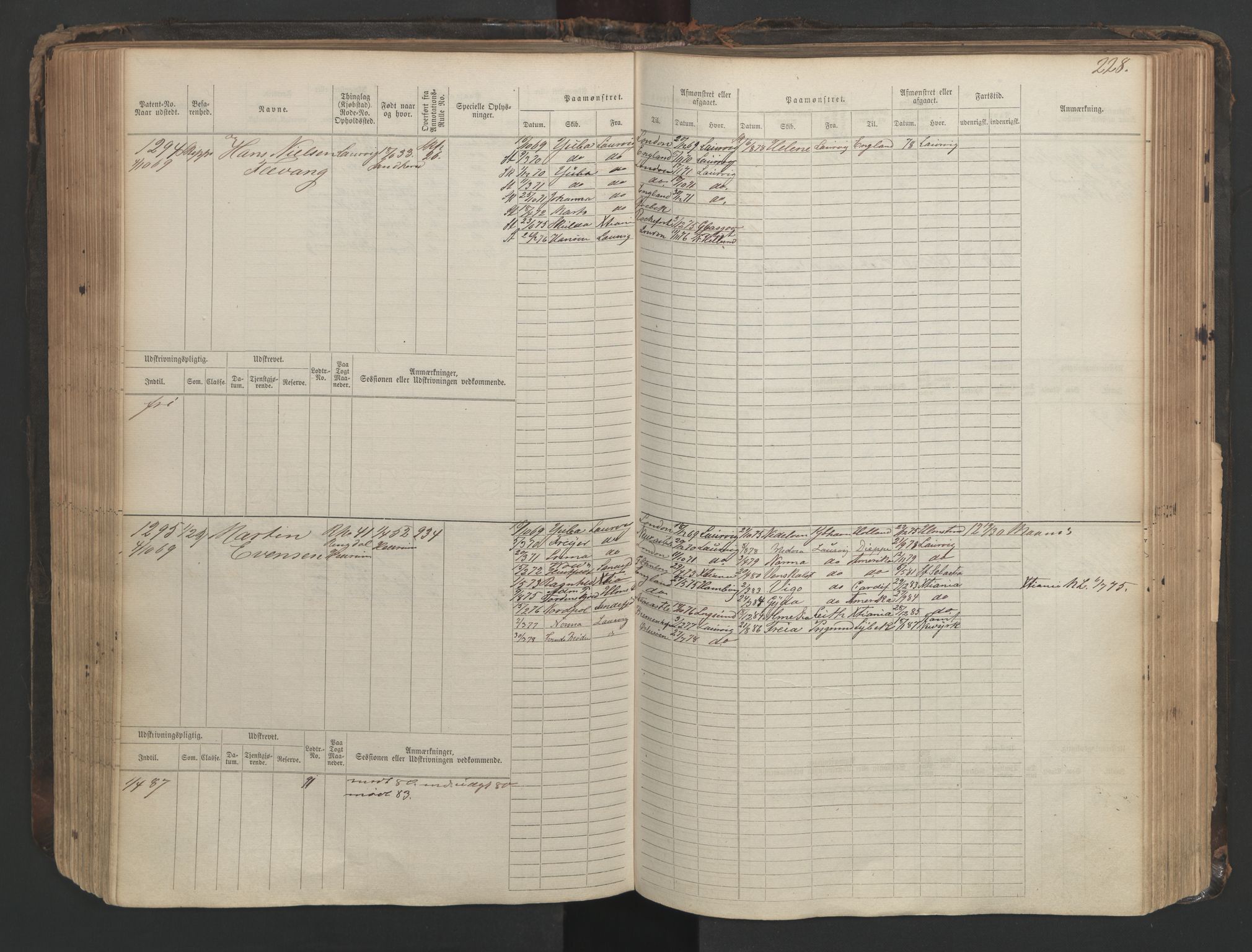 Larvik innrulleringskontor, AV/SAKO-A-787/F/Fc/L0003: Hovedrulle, 1868, p. 228