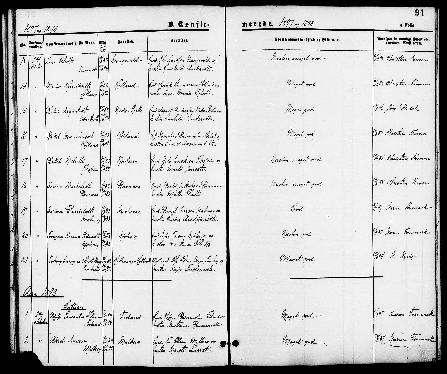 Strand sokneprestkontor, SAST/A-101828/H/Ha/Haa/L0008: Parish register (official) no. A 8, 1874-1907, p. 91