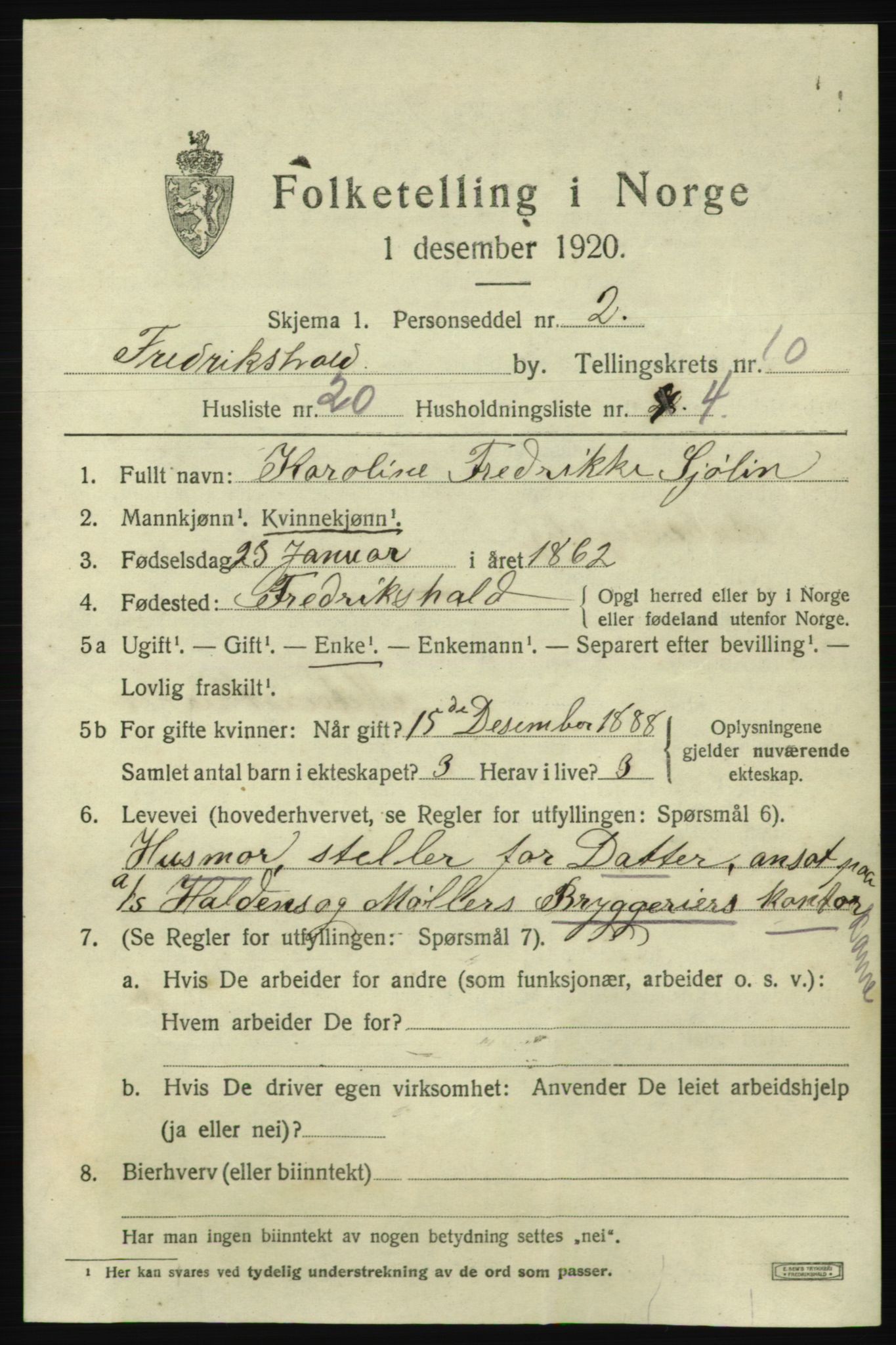 SAO, 1920 census for Fredrikshald, 1920, p. 17965