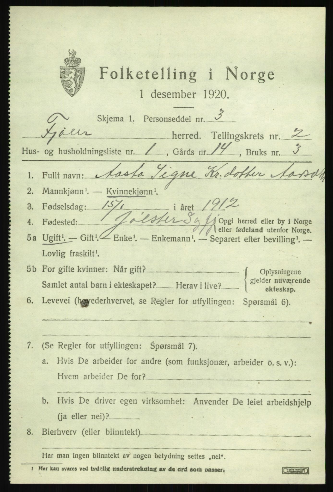 SAB, 1920 census for Fjaler, 1920, p. 1817