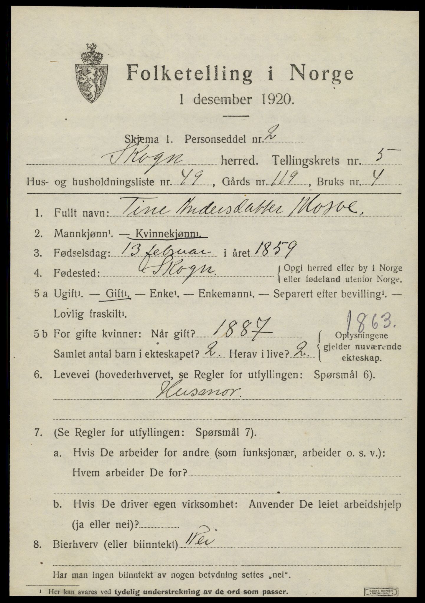 SAT, 1920 census for Skogn, 1920, p. 6999