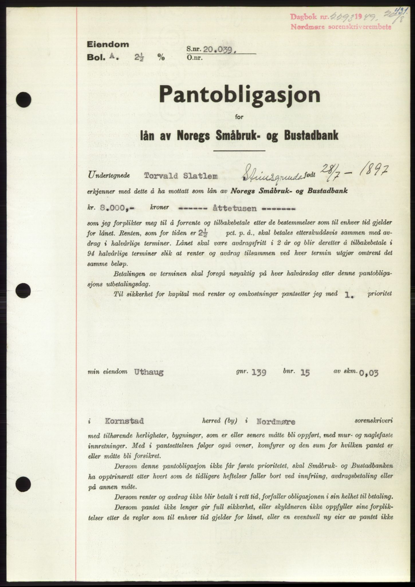 Nordmøre sorenskriveri, AV/SAT-A-4132/1/2/2Ca: Mortgage book no. B102, 1949-1949, Diary no: : 2293/1949