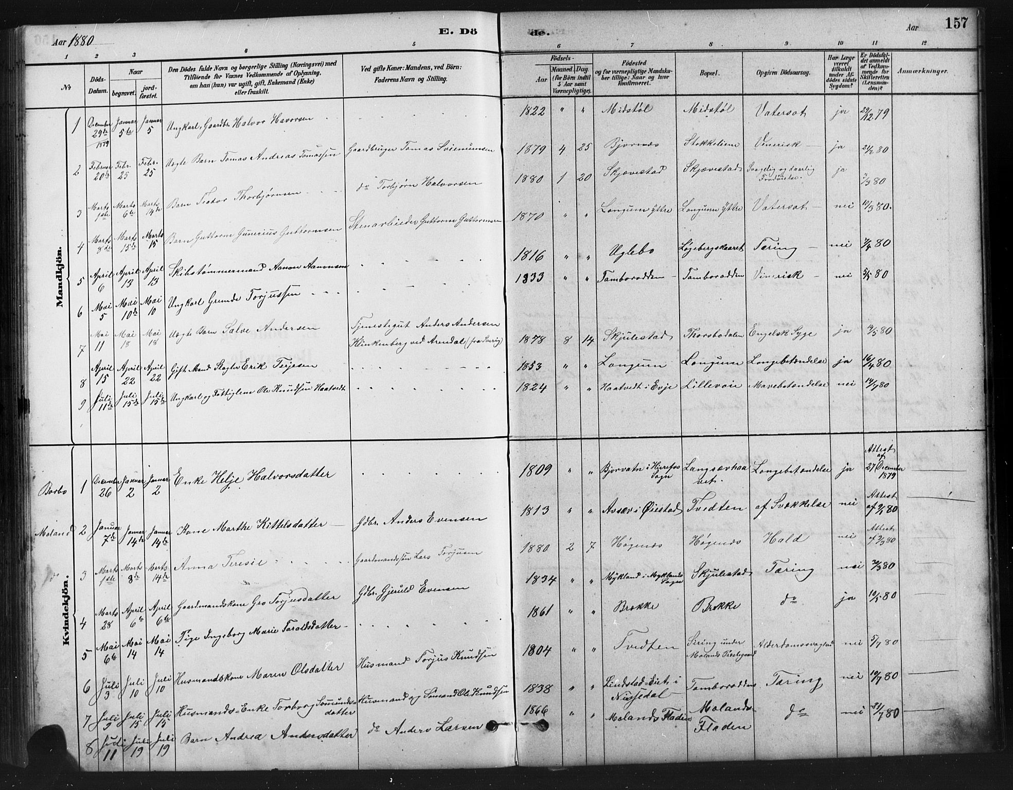 Austre Moland sokneprestkontor, SAK/1111-0001/F/Fb/Fba/L0003: Parish register (copy) no. B 3, 1879-1914, p. 157