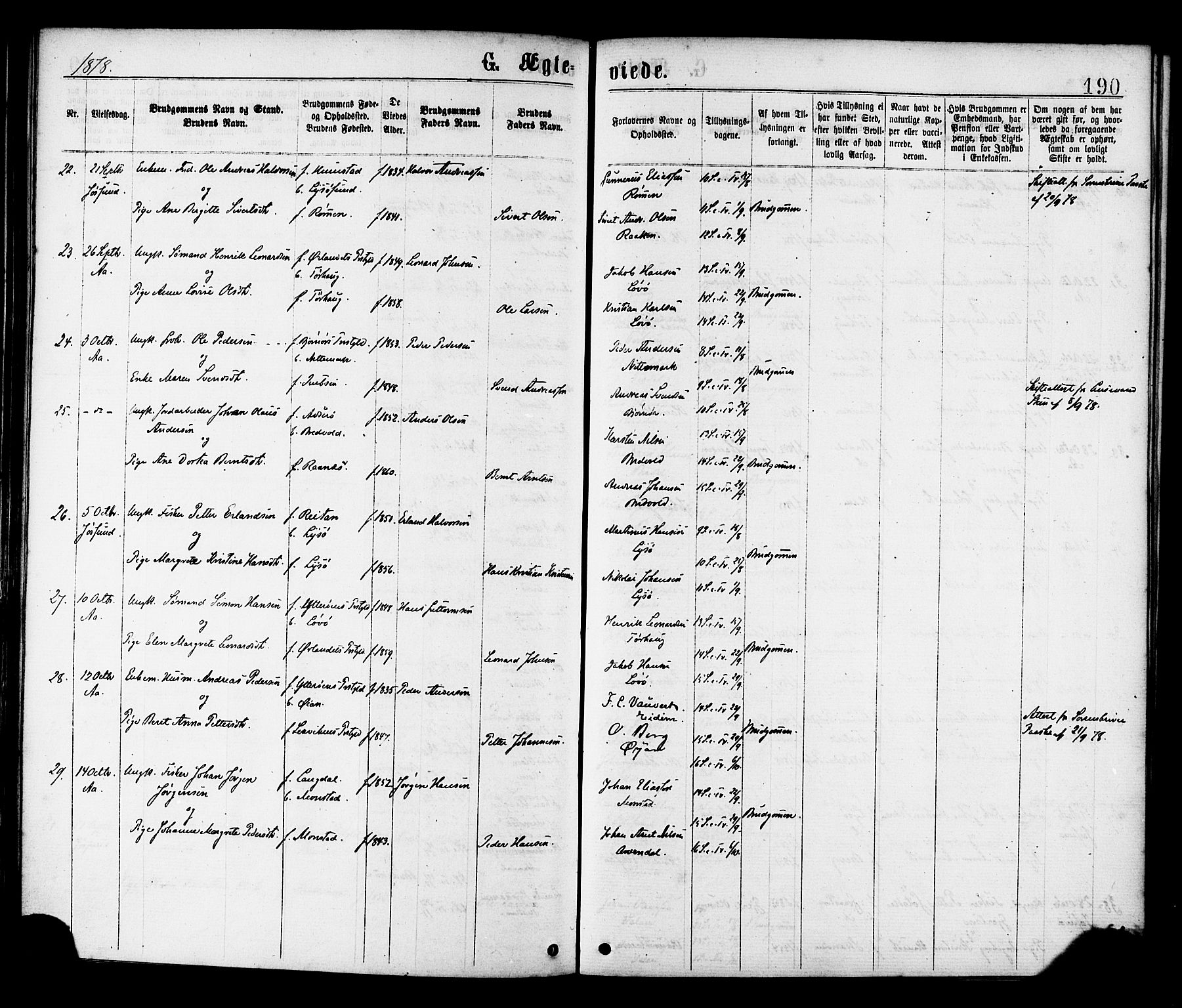 Ministerialprotokoller, klokkerbøker og fødselsregistre - Sør-Trøndelag, AV/SAT-A-1456/655/L0679: Parish register (official) no. 655A08, 1873-1879, p. 190