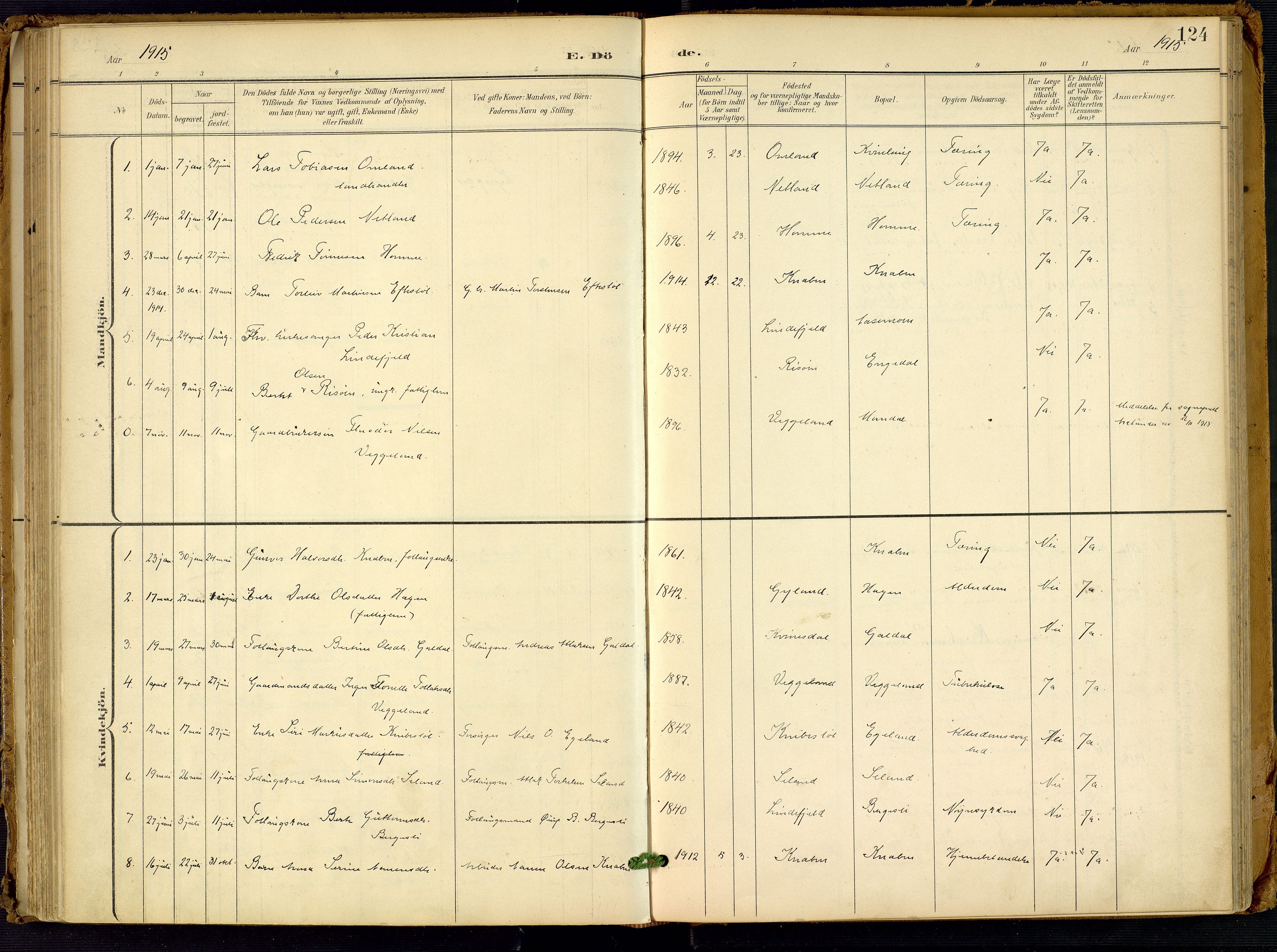 Fjotland sokneprestkontor, AV/SAK-1111-0010/F/Fa/L0003: Parish register (official) no. A 3, 1899-1917, p. 124