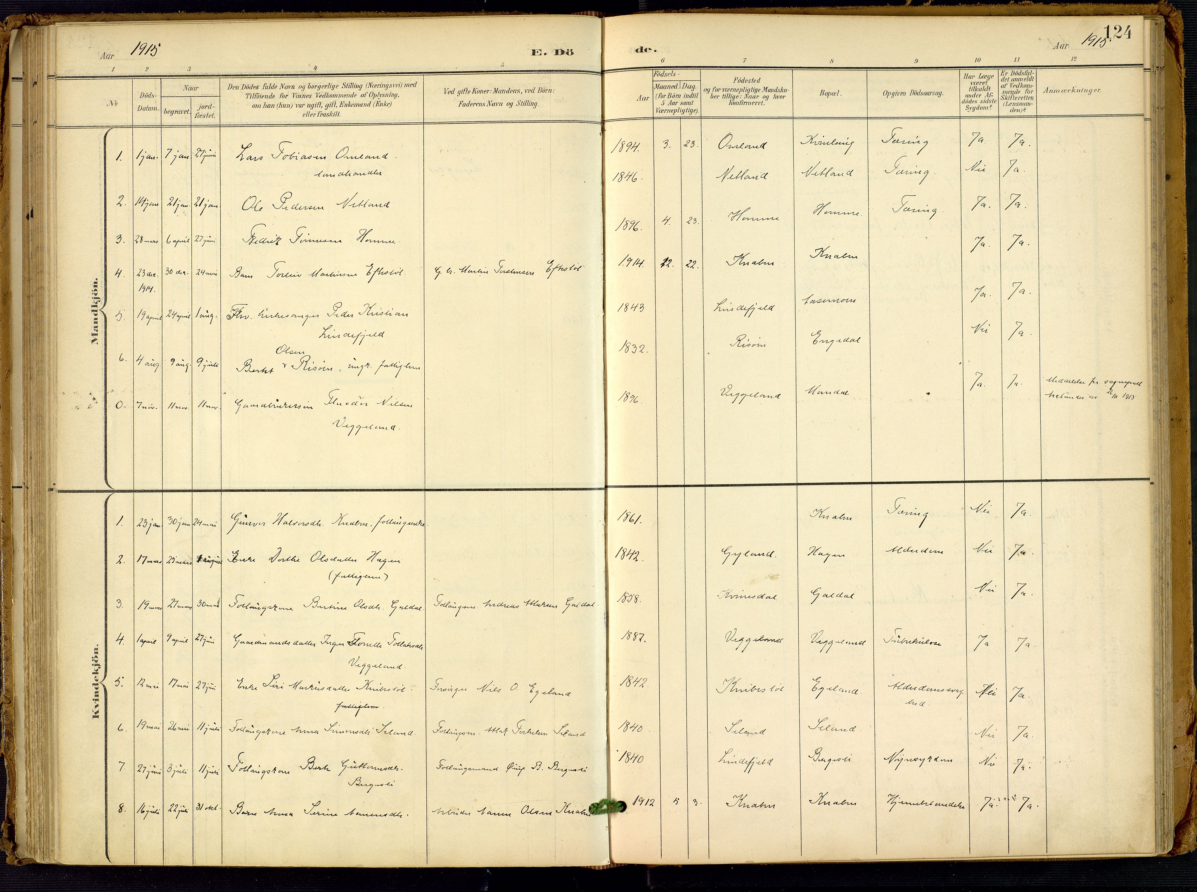 Fjotland sokneprestkontor, SAK/1111-0010/F/Fa/L0003: Parish register (official) no. A 3, 1899-1917, p. 124