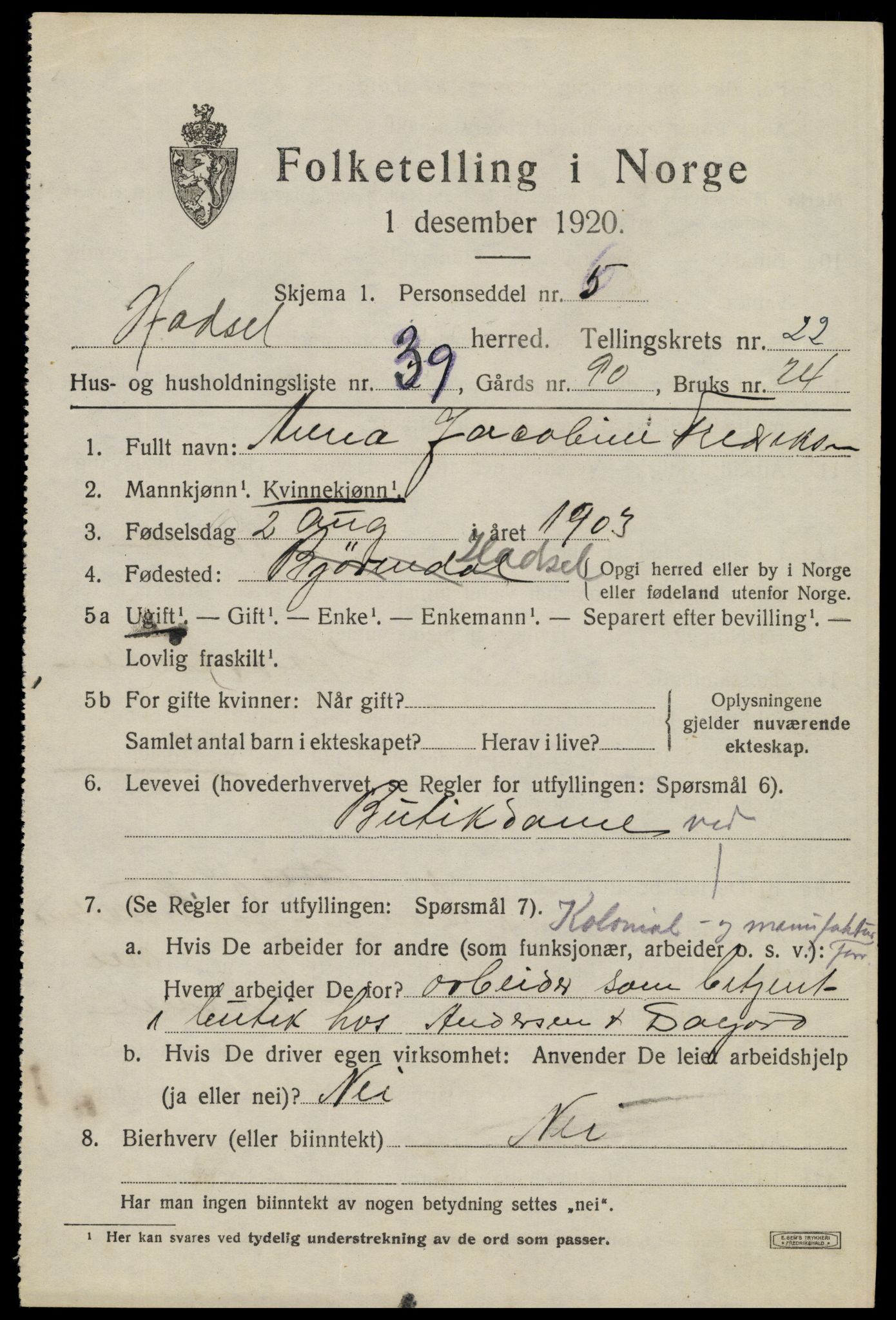 SAT, 1920 census for Hadsel, 1920, p. 20484