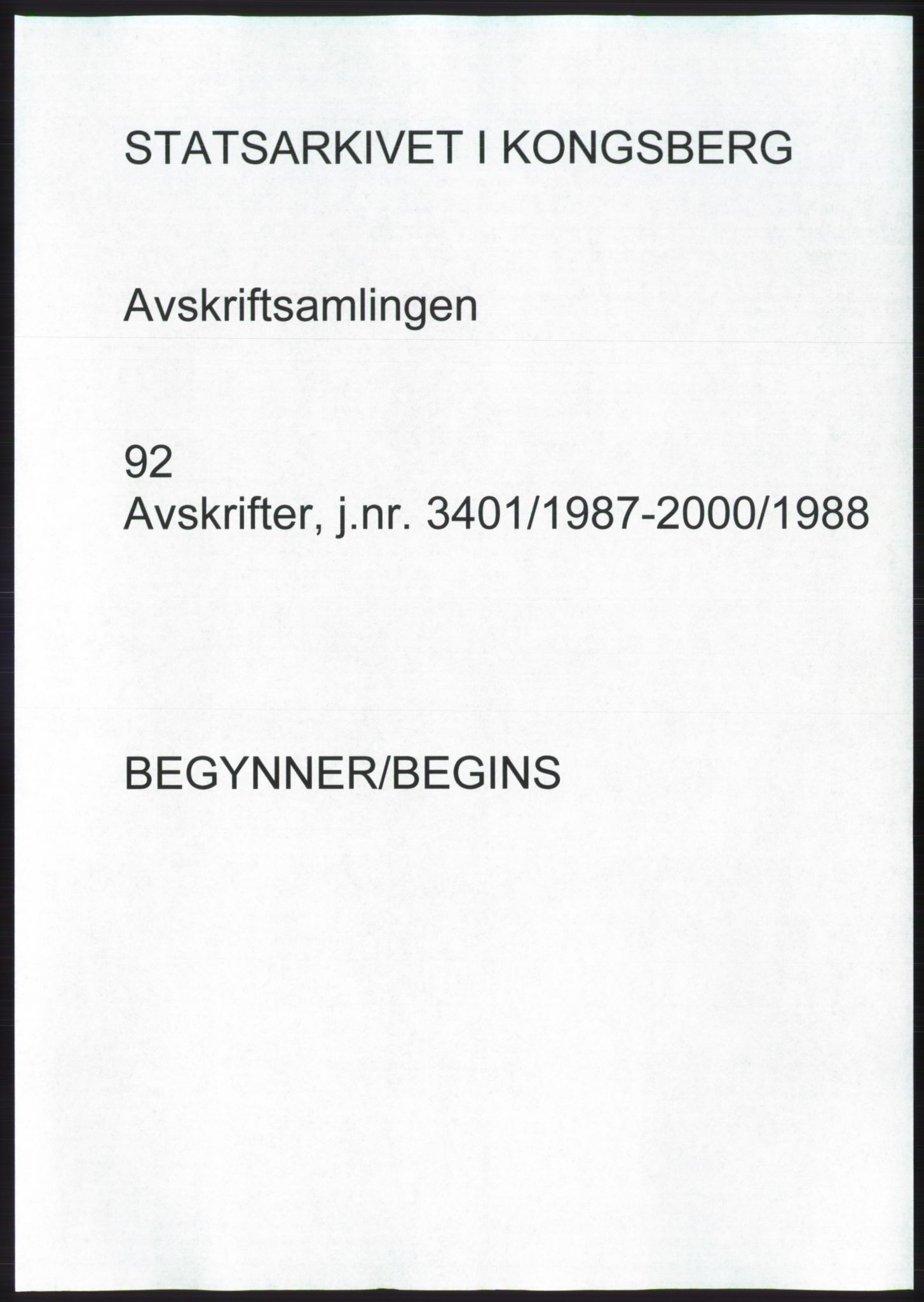 Statsarkivet i Kongsberg, AV/SAKO-A-0001, 1987-1988, p. 1