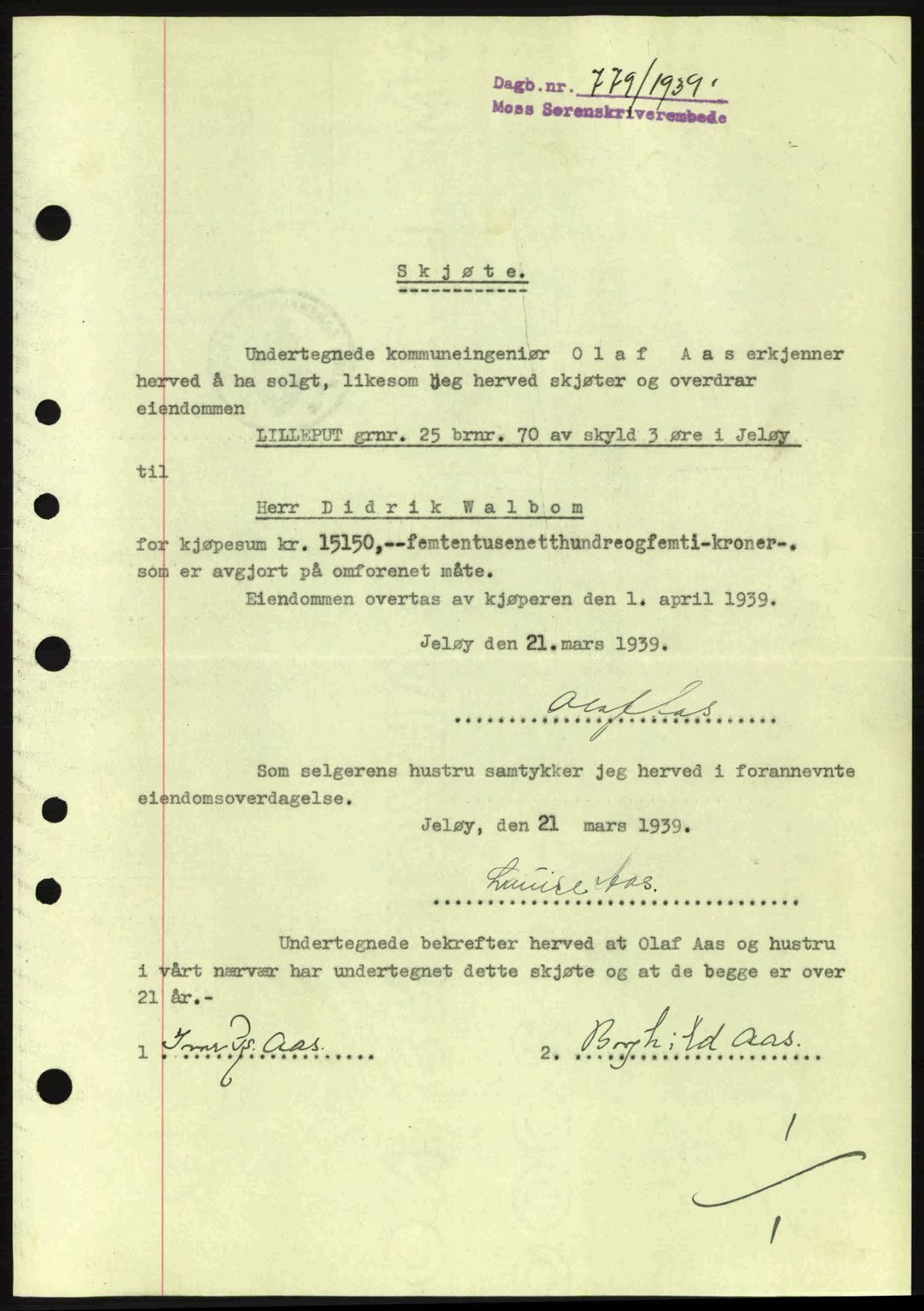 Moss sorenskriveri, SAO/A-10168: Mortgage book no. A5, 1938-1939, Diary no: : 779/1939