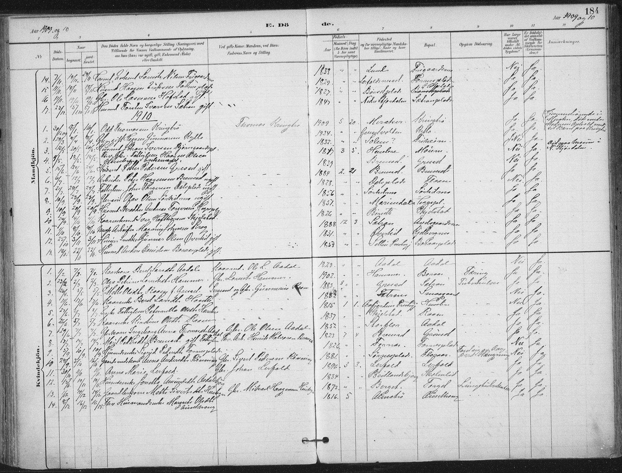 Ministerialprotokoller, klokkerbøker og fødselsregistre - Nord-Trøndelag, SAT/A-1458/703/L0031: Parish register (official) no. 703A04, 1893-1914, p. 184