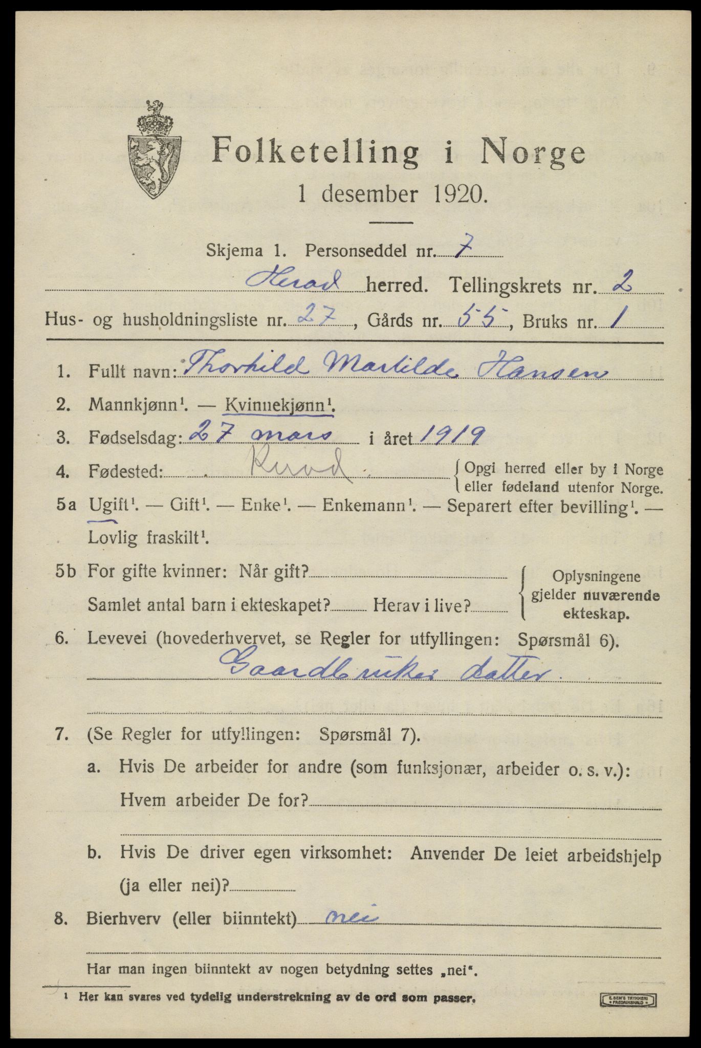 SAK, 1920 census for Herad, 1920, p. 1320