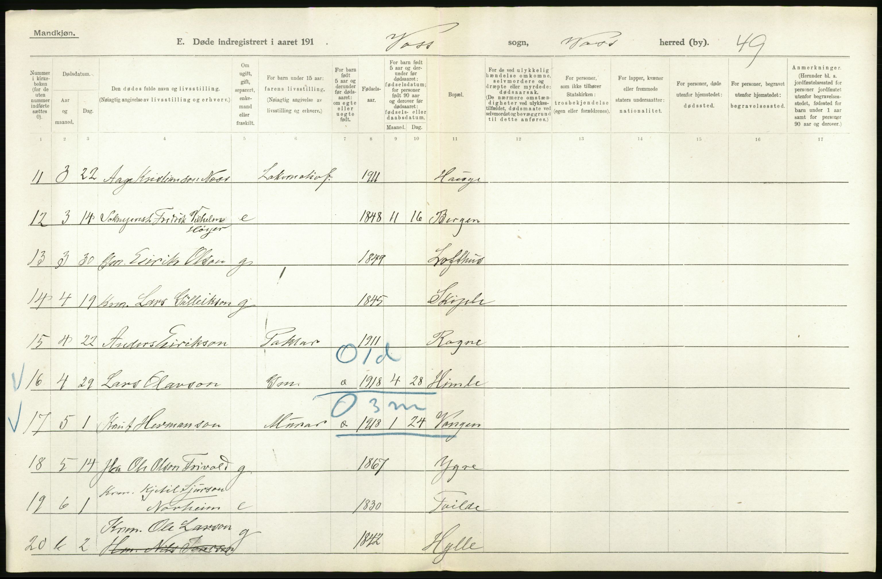 Statistisk sentralbyrå, Sosiodemografiske emner, Befolkning, AV/RA-S-2228/D/Df/Dfb/Dfbh/L0036: Hordaland fylke: Døde., 1918, p. 108