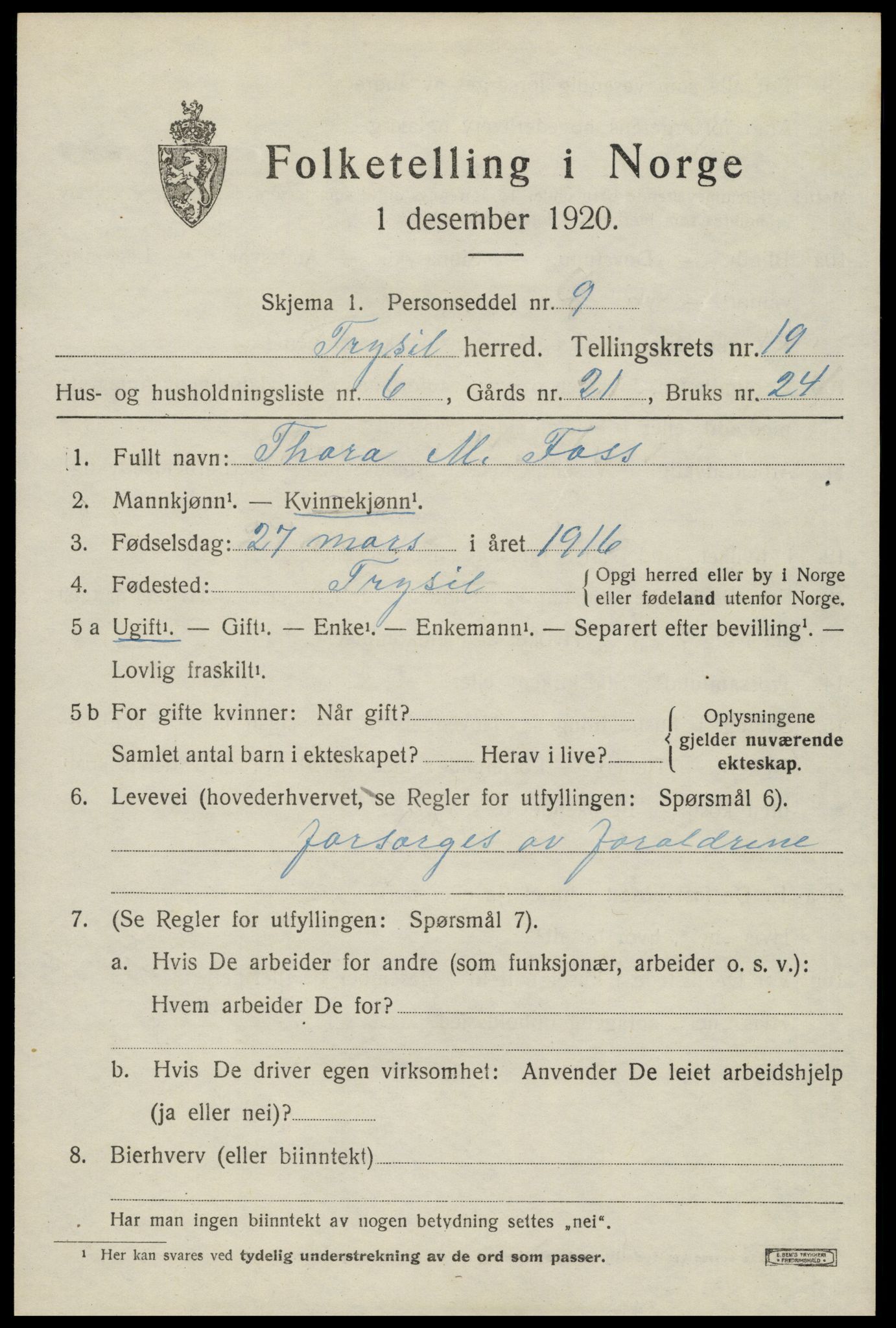 SAH, 1920 census for Trysil, 1920, p. 12787