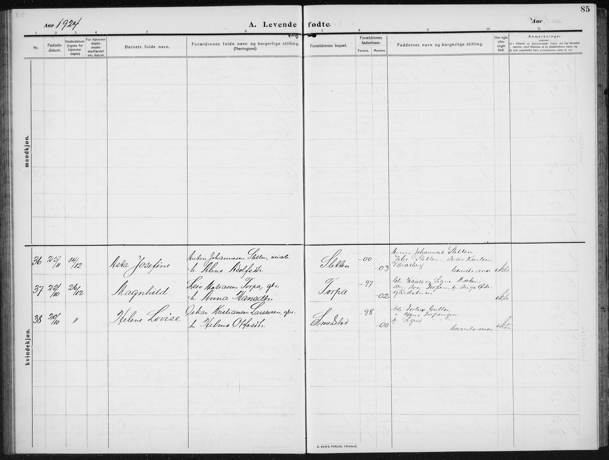 Biri prestekontor, SAH/PREST-096/H/Ha/Hab/L0006: Parish register (copy) no. 6, 1909-1938, p. 85