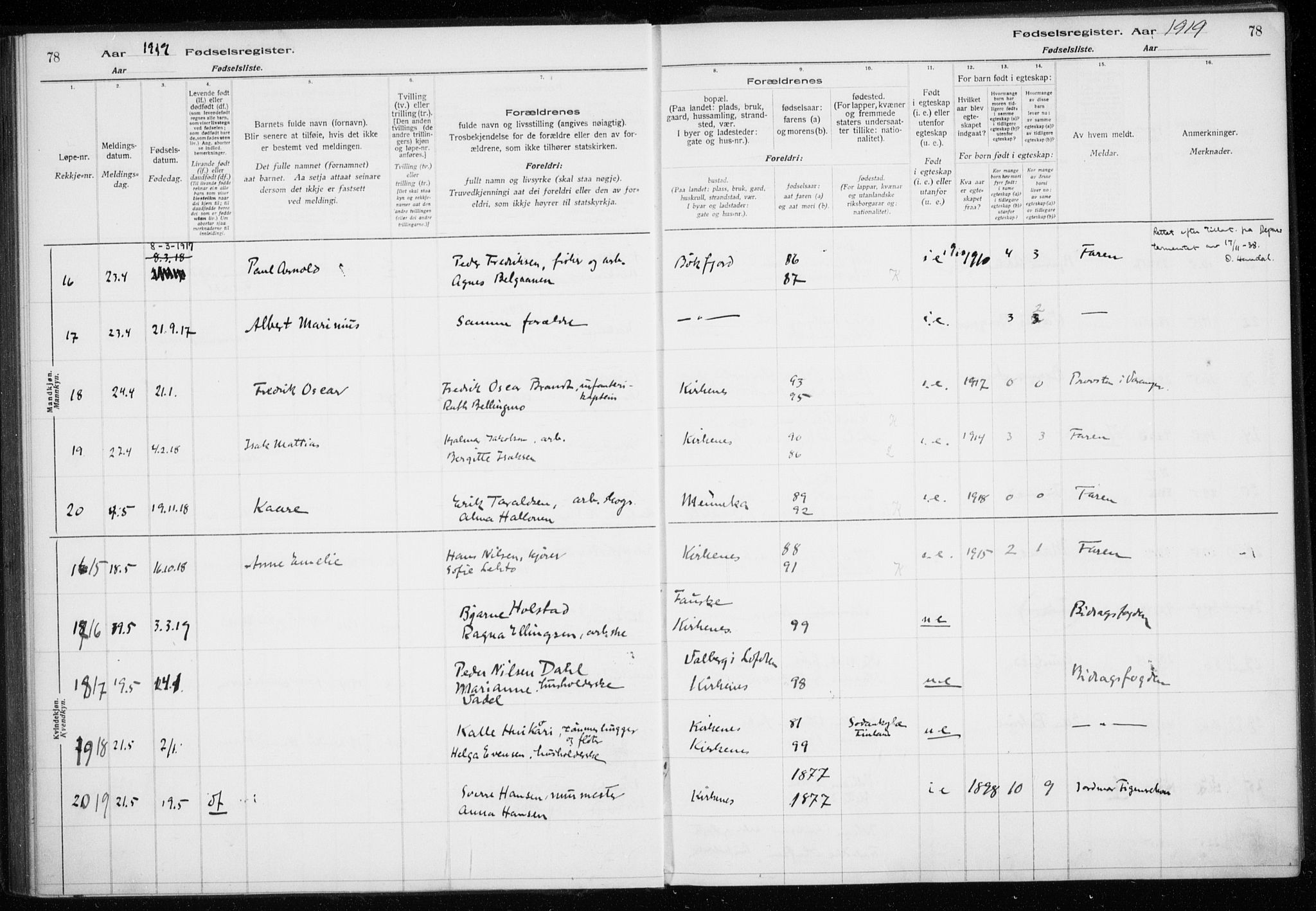 Sør-Varanger sokneprestkontor, AV/SATØ-S-1331/I/Ia/L0016: Birth register no. 16, 1915-1925, p. 78