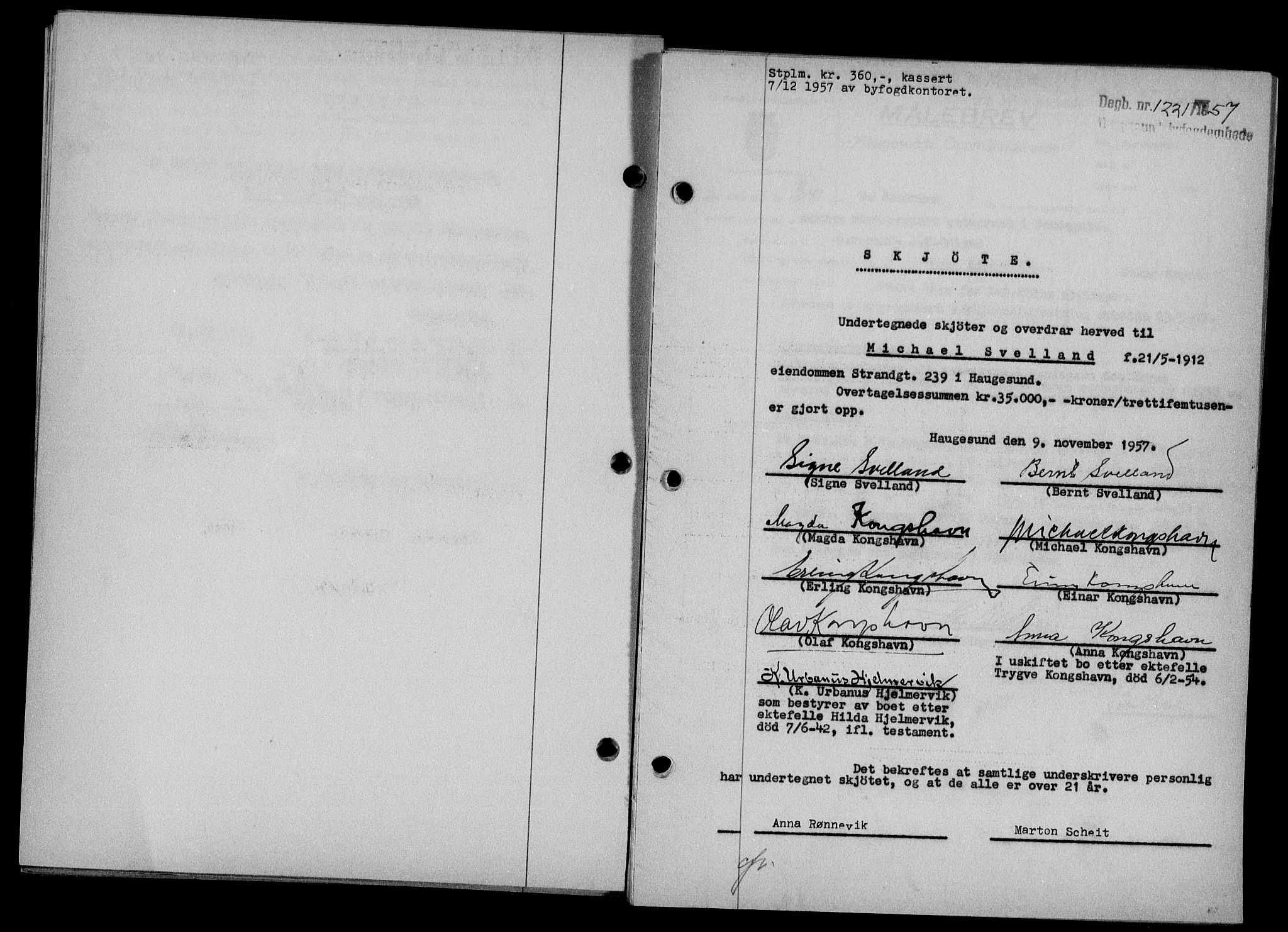 Haugesund tingrett, AV/SAST-A-101415/01/II/IIC/L0068: Mortgage book no. A 9, 1956-1958, Diary no: : 1221/1957