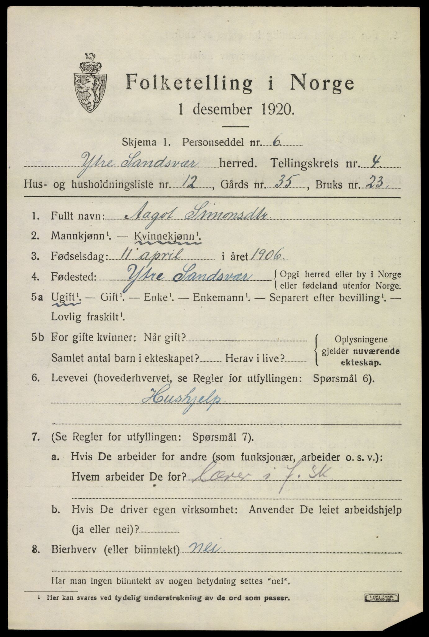 SAKO, 1920 census for Ytre Sandsvær, 1920, p. 4526