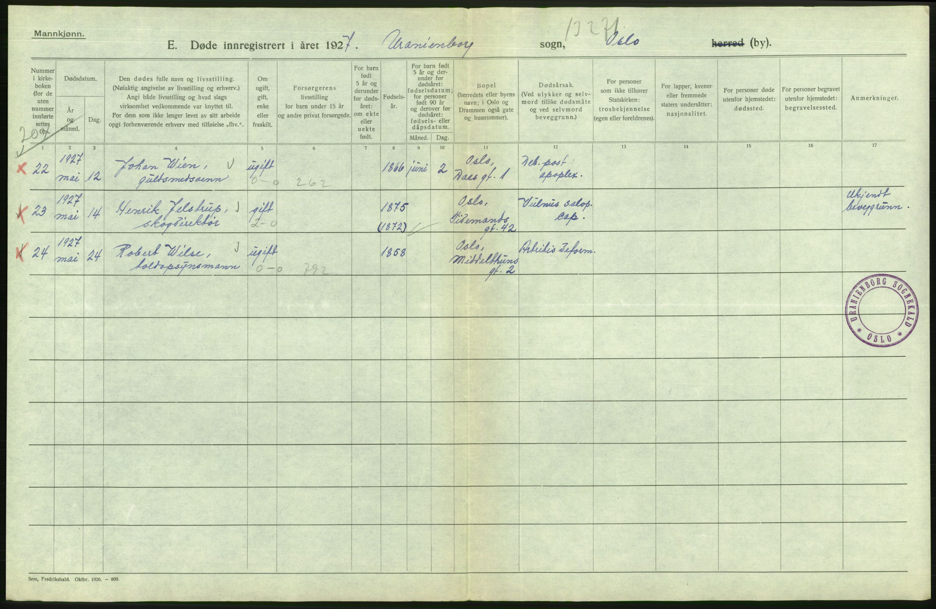 Statistisk sentralbyrå, Sosiodemografiske emner, Befolkning, AV/RA-S-2228/D/Df/Dfc/Dfcg/L0009: Oslo: Døde menn, 1927, p. 150