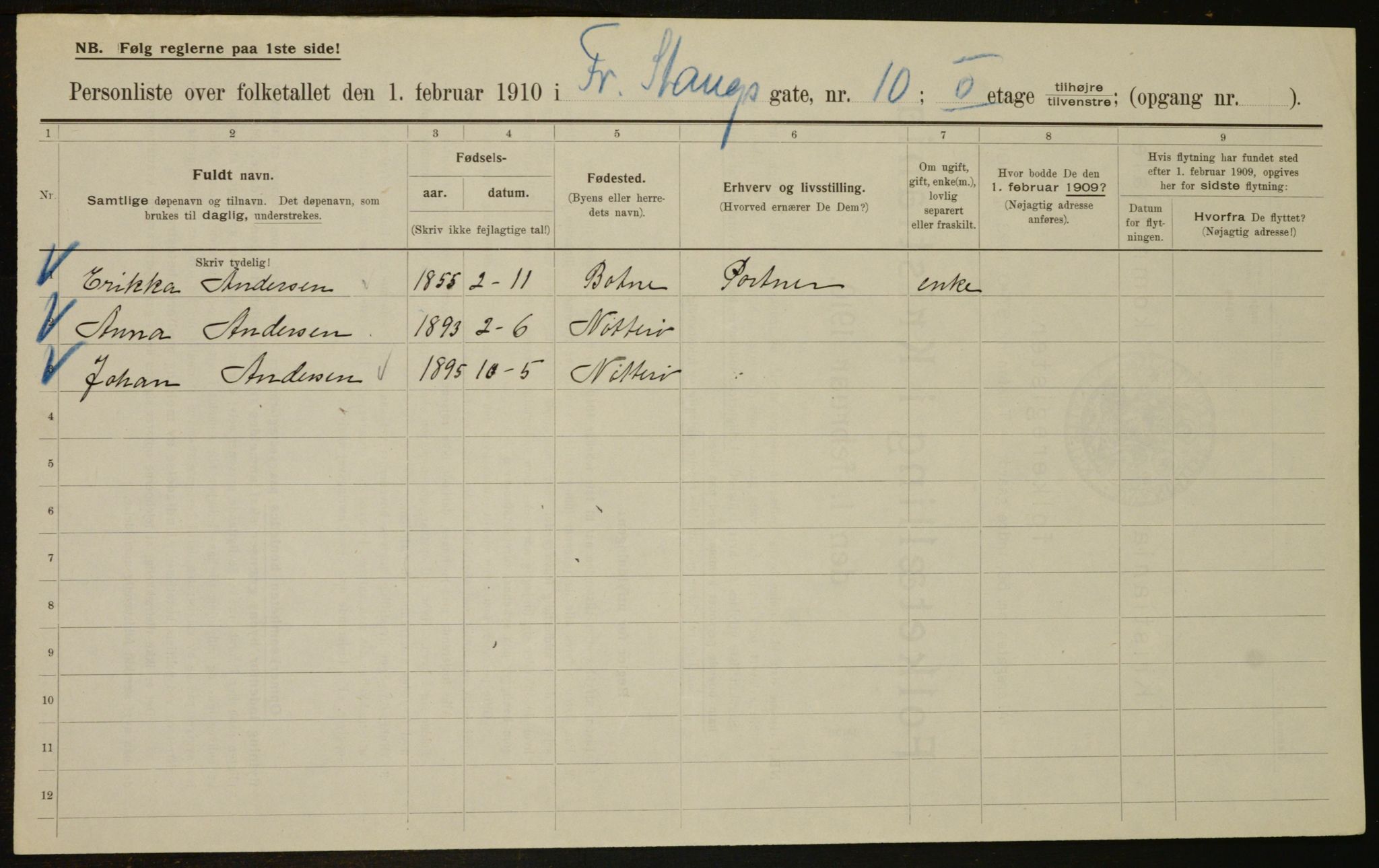 OBA, Municipal Census 1910 for Kristiania, 1910, p. 25057