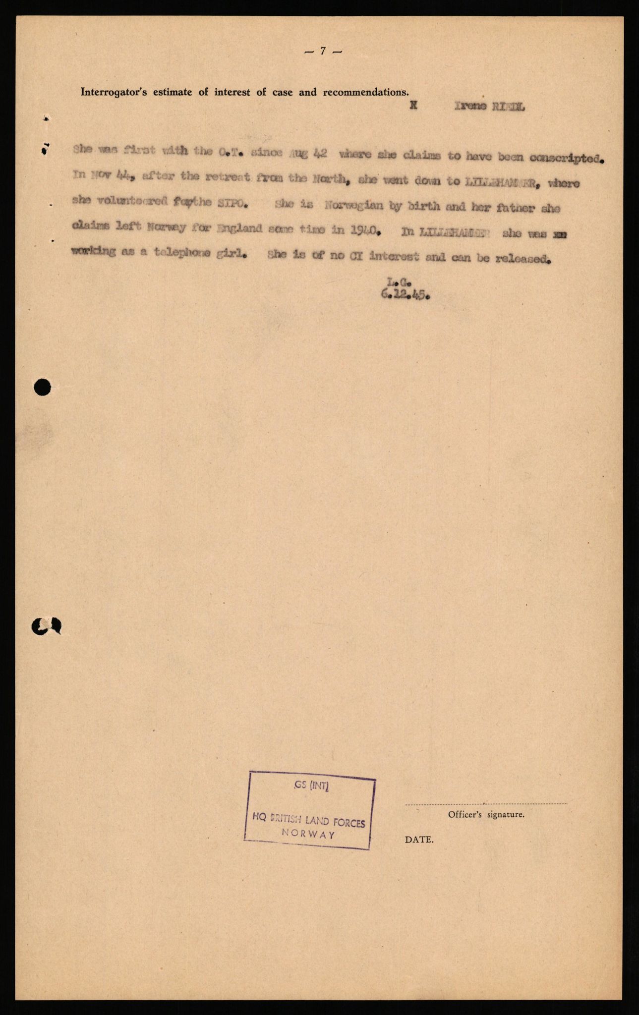 Forsvaret, Forsvarets overkommando II, AV/RA-RAFA-3915/D/Db/L0040: CI Questionaires. Tyske okkupasjonsstyrker i Norge. Østerrikere., 1945-1946, p. 110