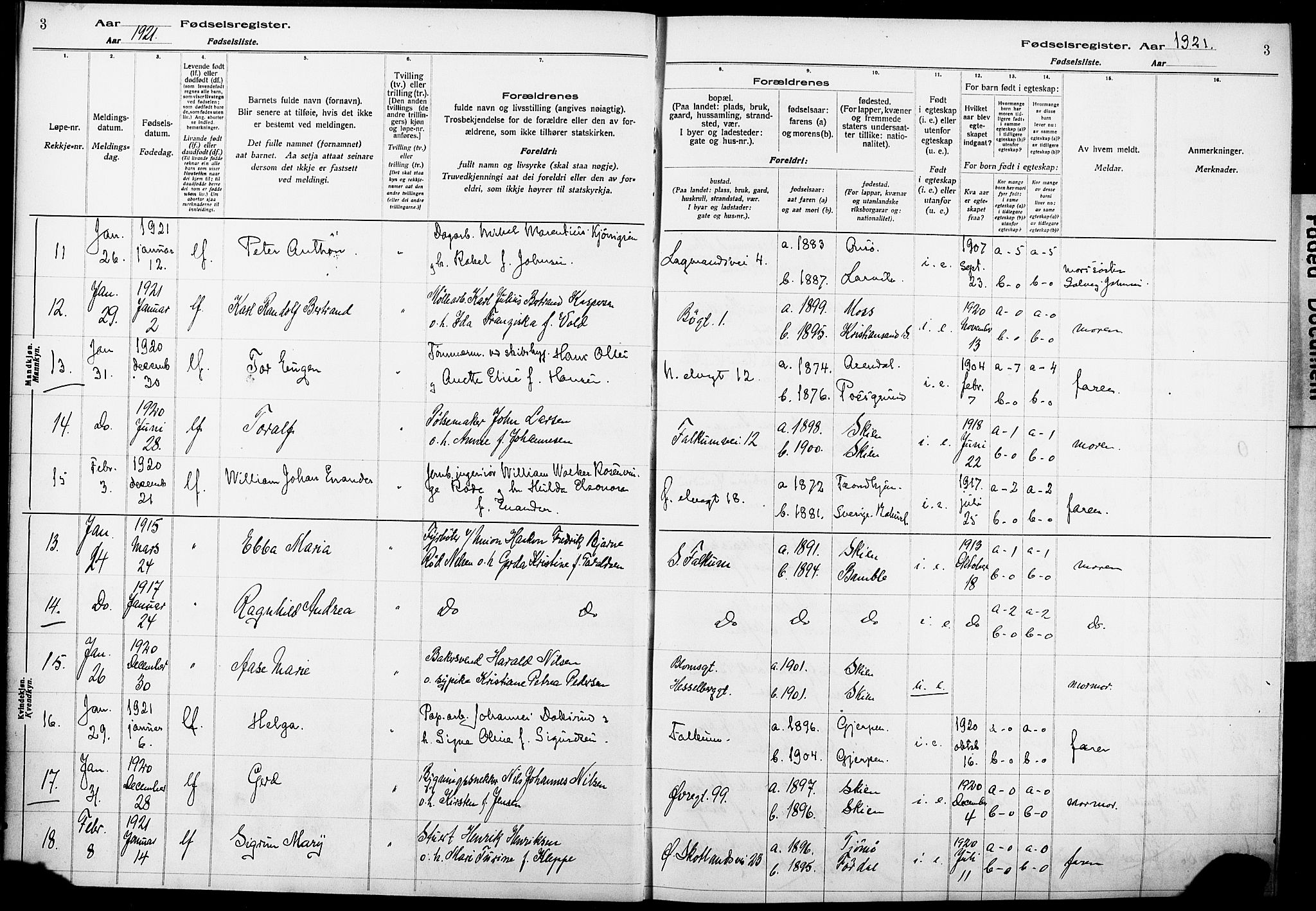 Skien kirkebøker, AV/SAKO-A-302/J/Ja/L0002: Birth register no. 2, 1921-1927, p. 3