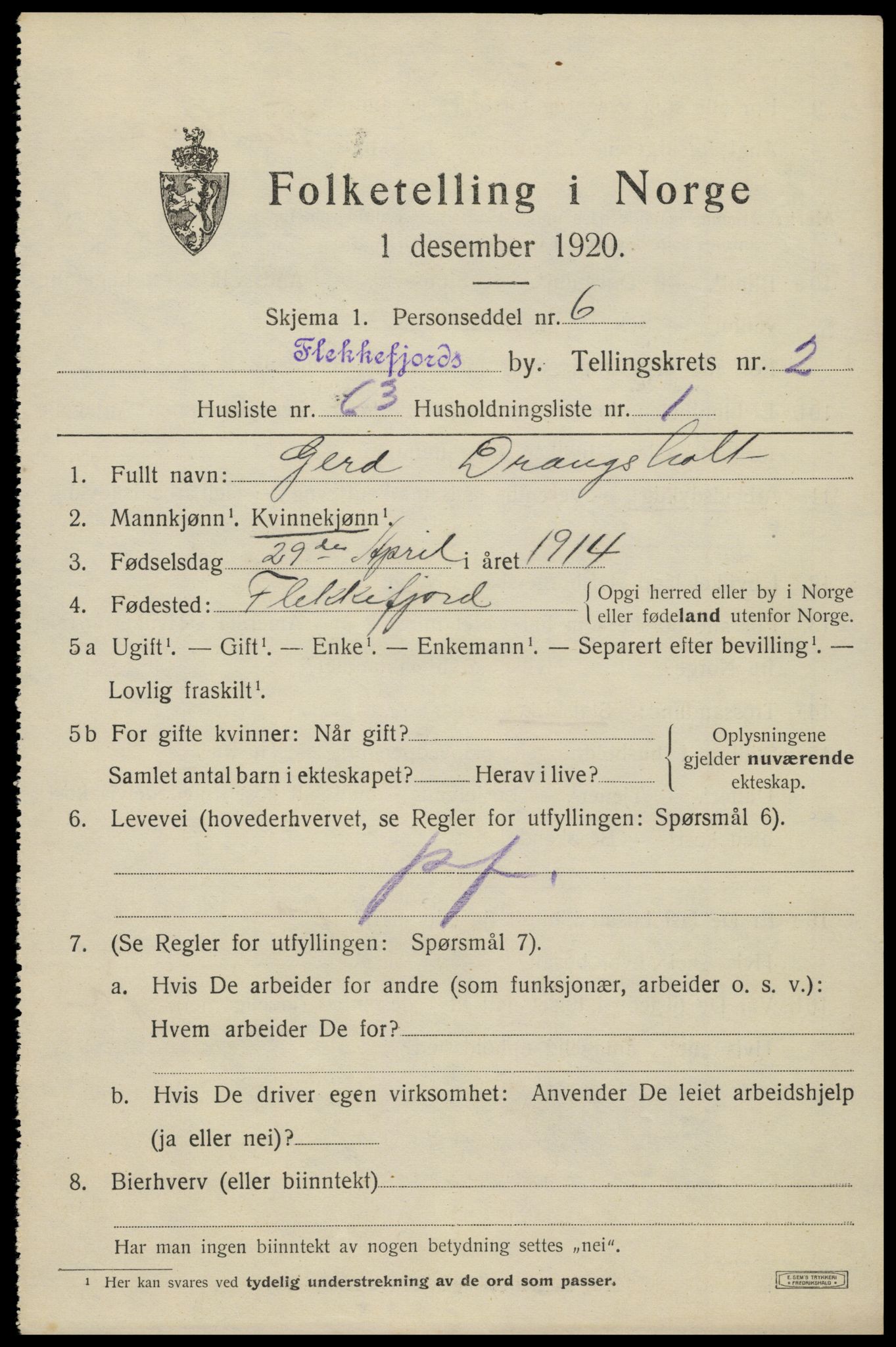 SAK, 1920 census for Flekkefjord, 1920, p. 3248